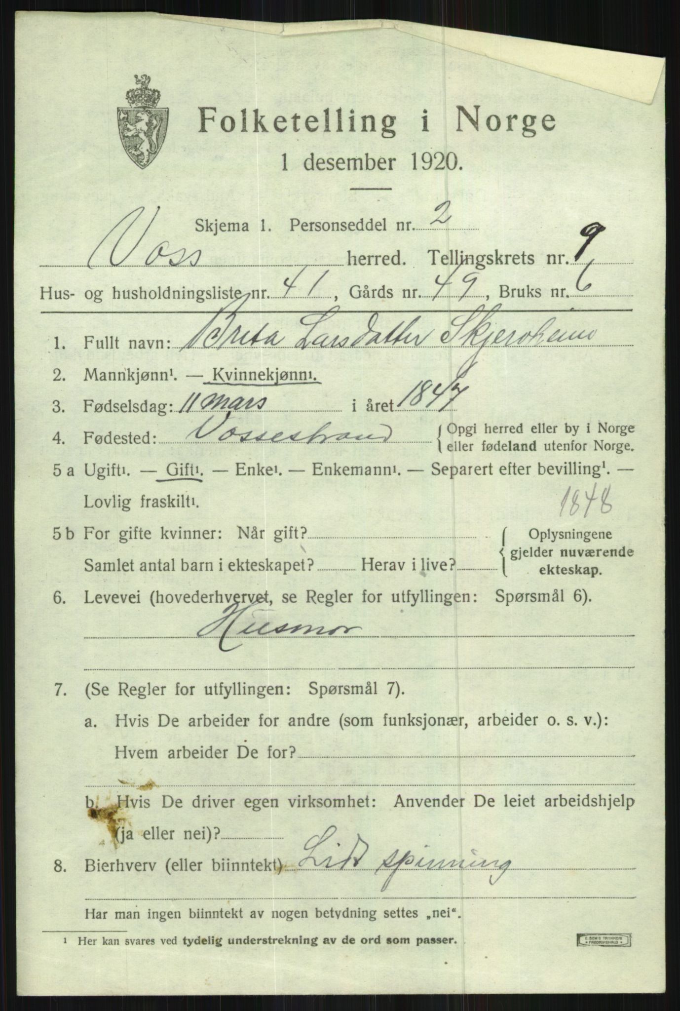 SAB, 1920 census for Voss, 1920, p. 9311