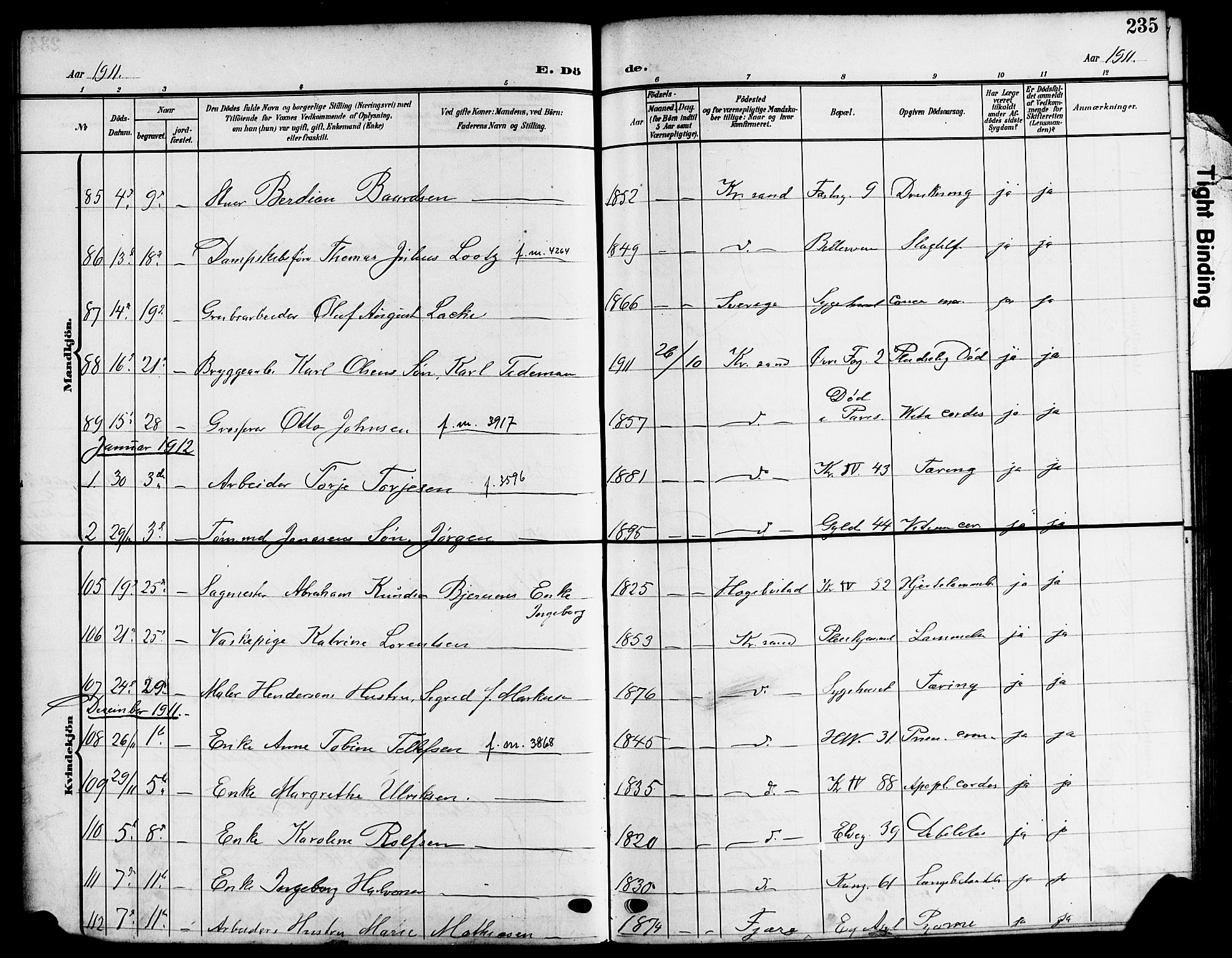 Kristiansand domprosti, SAK/1112-0006/F/Fb/L0020: Parish register (copy) no. B 20, 1906-1915, p. 235