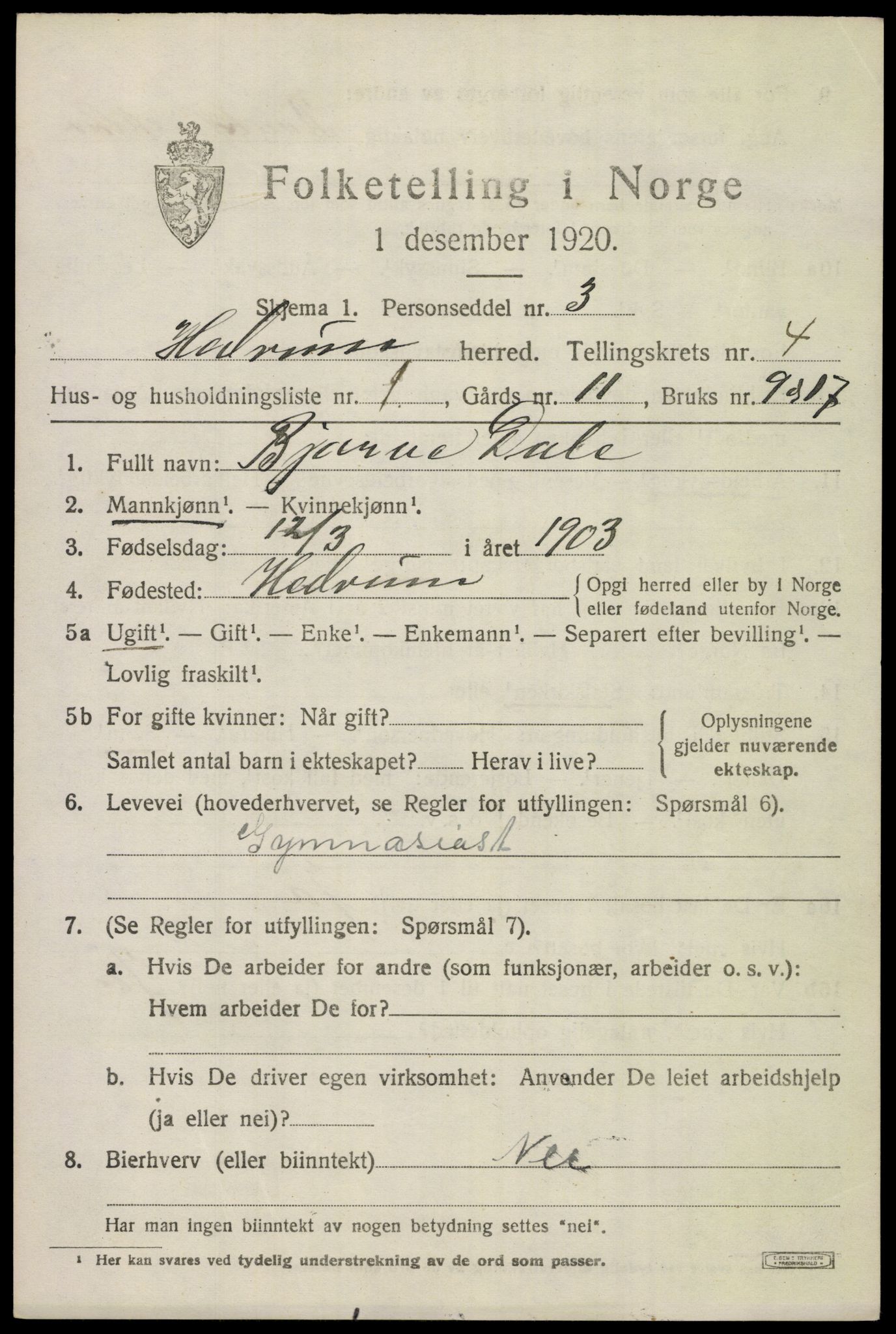 SAKO, 1920 census for Hedrum, 1920, p. 3997