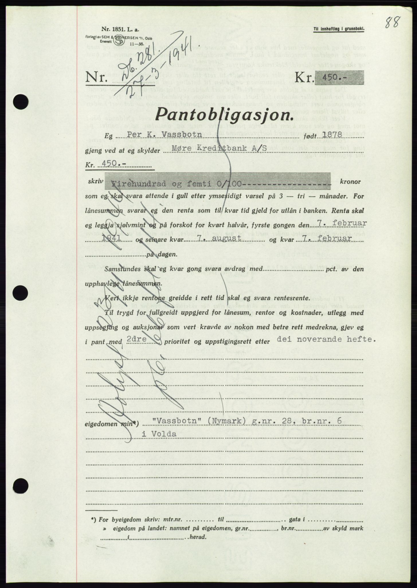 Søre Sunnmøre sorenskriveri, AV/SAT-A-4122/1/2/2C/L0071: Mortgage book no. 65, 1941-1941, Diary no: : 281/1941