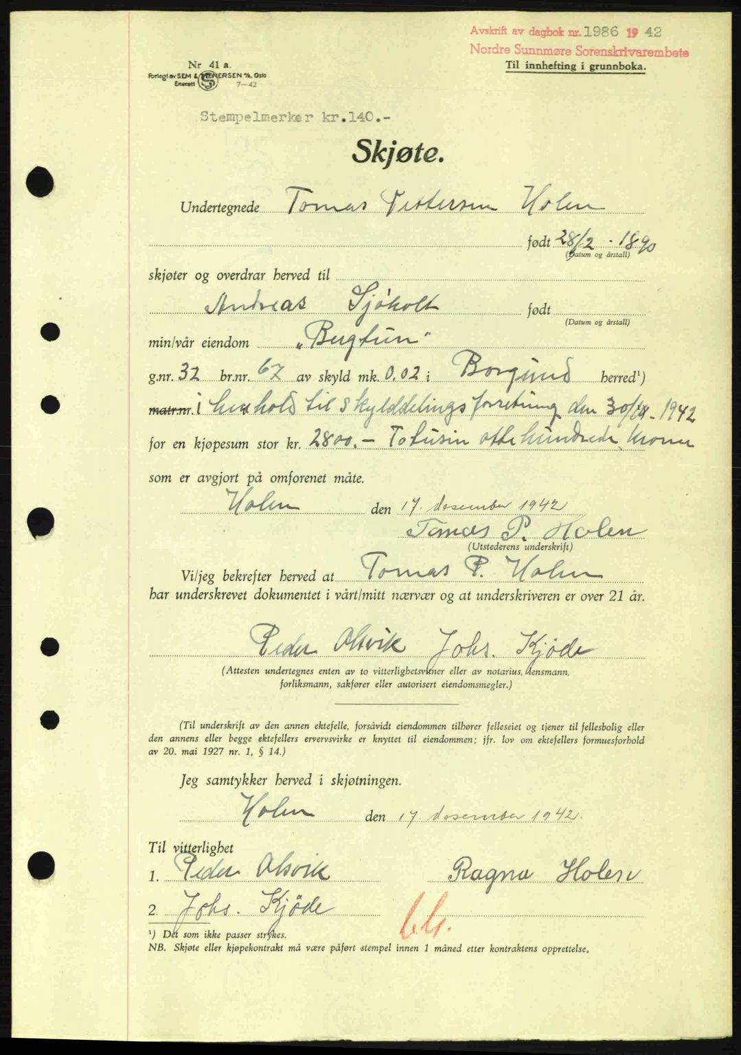 Nordre Sunnmøre sorenskriveri, AV/SAT-A-0006/1/2/2C/2Ca: Mortgage book no. A15, 1942-1943, Diary no: : 1986/1942