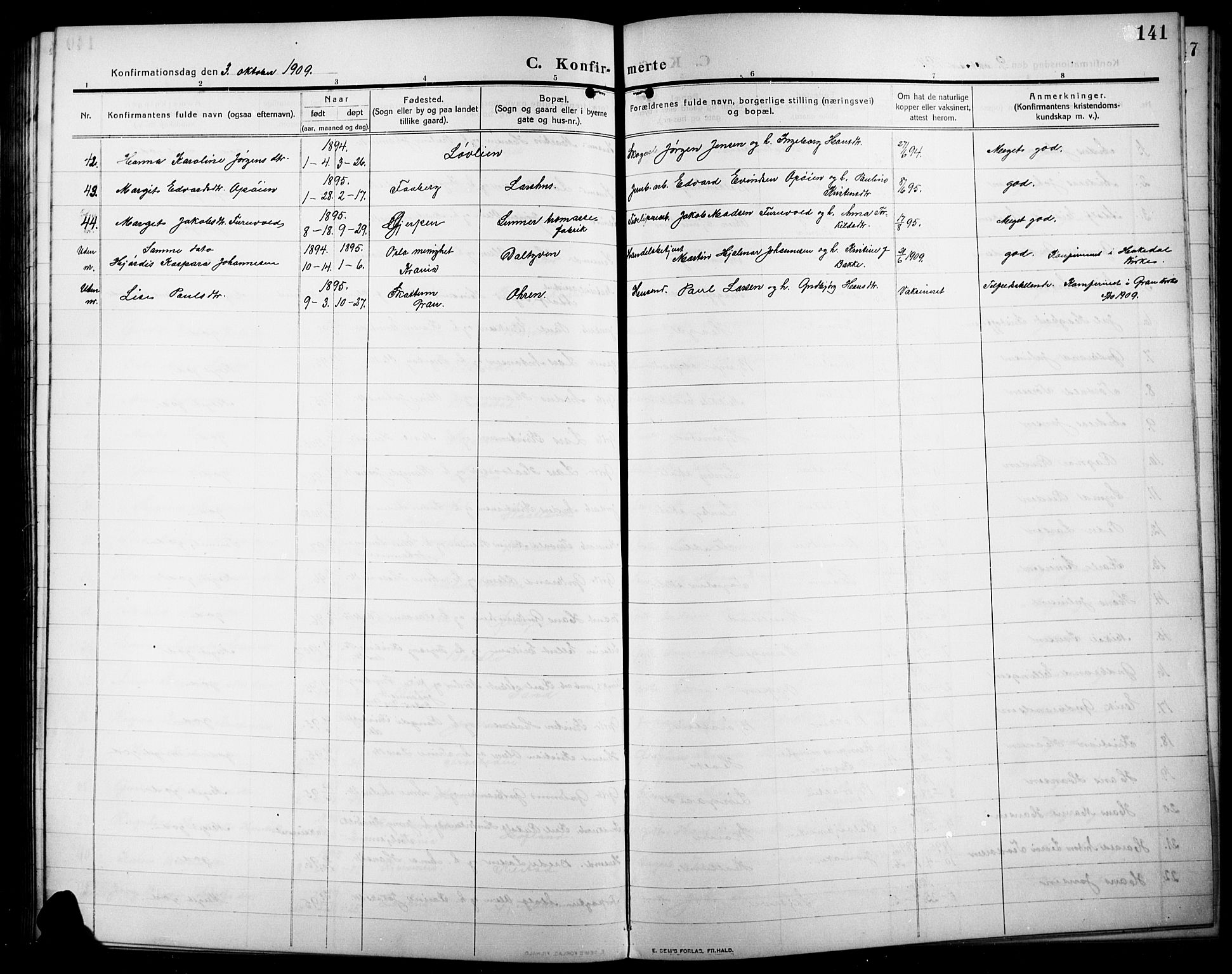 Lunner prestekontor, SAH/PREST-118/H/Ha/Hab/L0001: Parish register (copy) no. 1, 1909-1922, p. 141