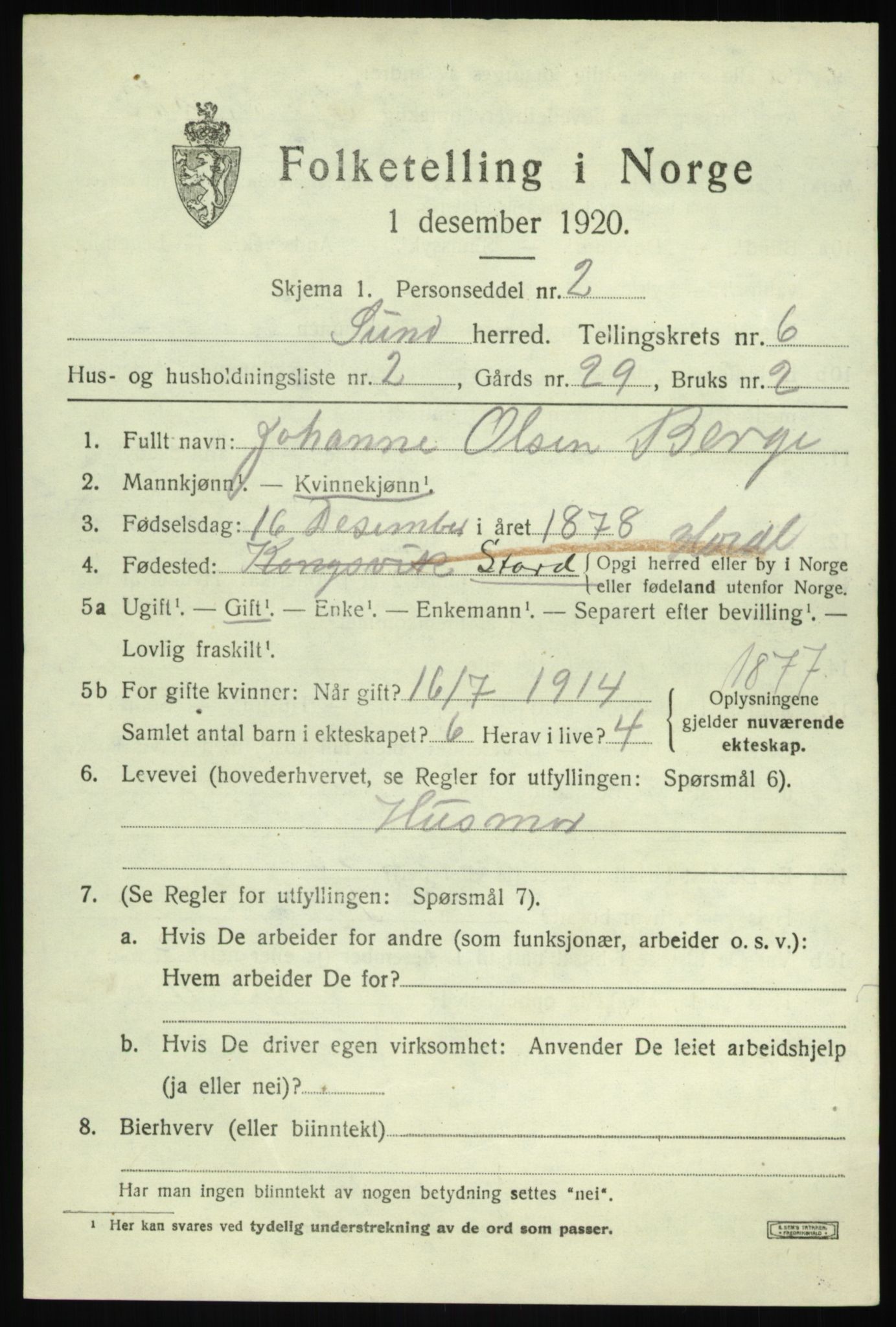 SAB, 1920 census for Sund, 1920, p. 3883