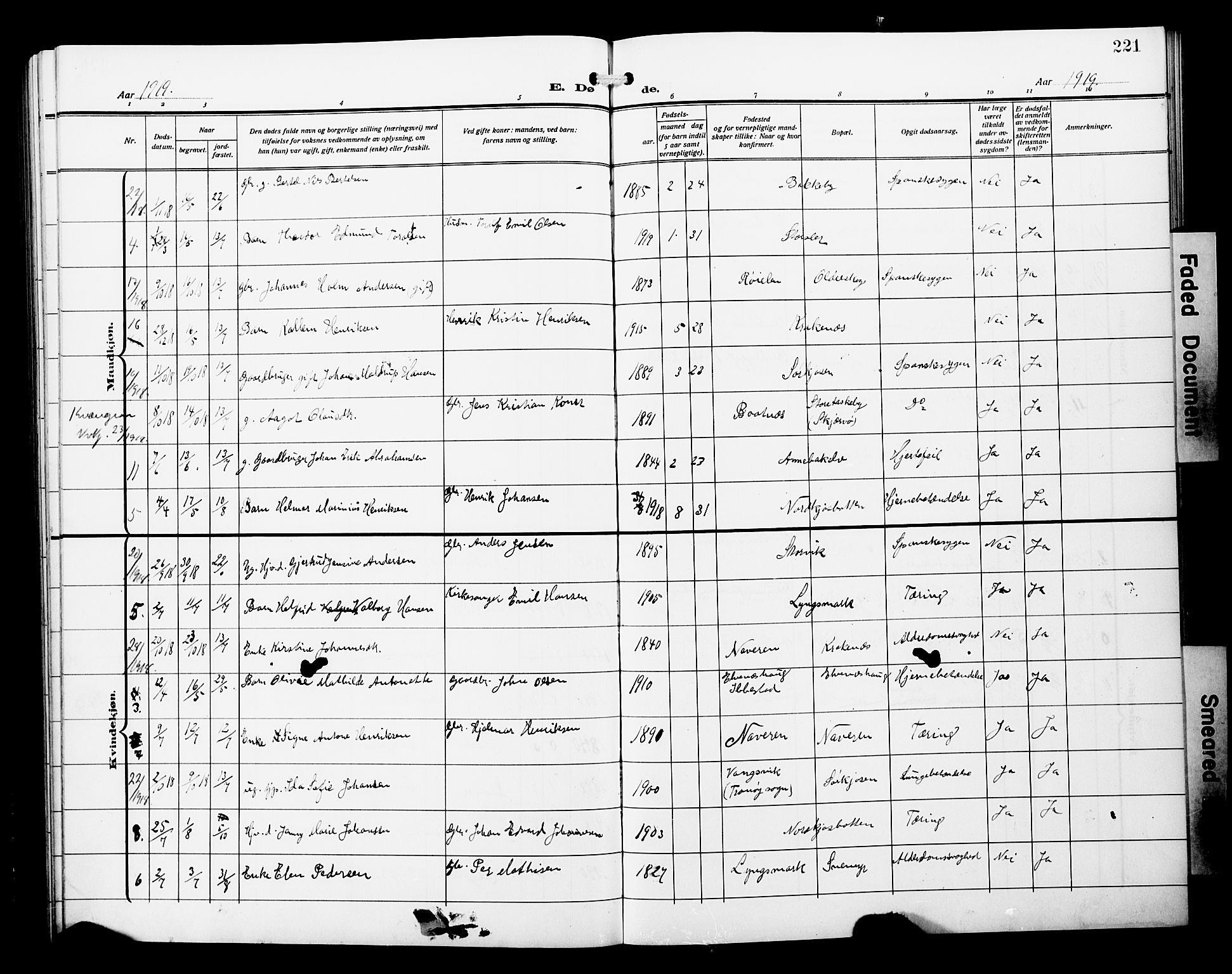 Skjervøy sokneprestkontor, SATØ/S-1300/H/Ha/Hab/L0022klokker: Parish register (copy) no. 22, 1910-1926, p. 221