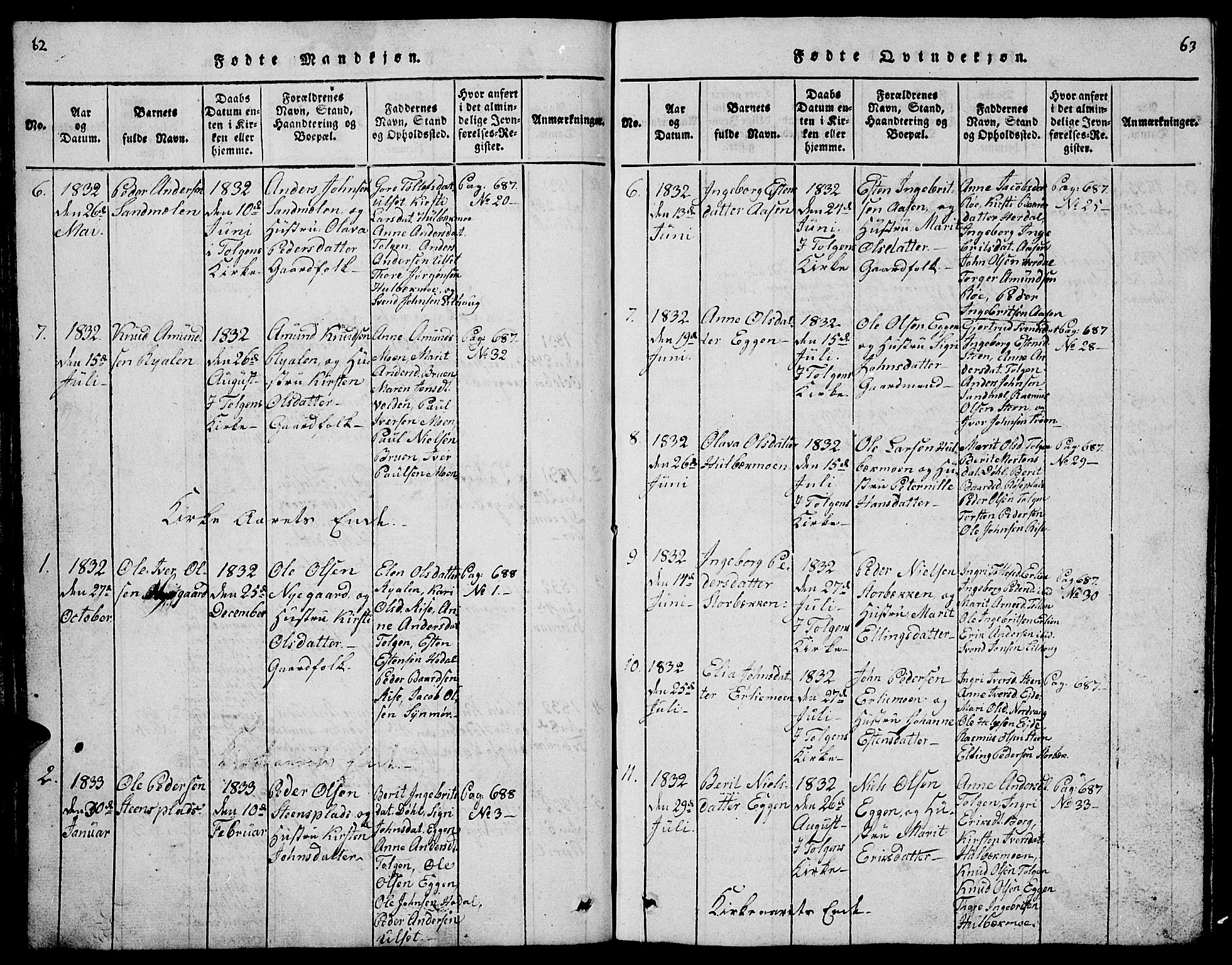 Tolga prestekontor, AV/SAH-PREST-062/L/L0001: Parish register (copy) no. 1, 1814-1877, p. 62-63