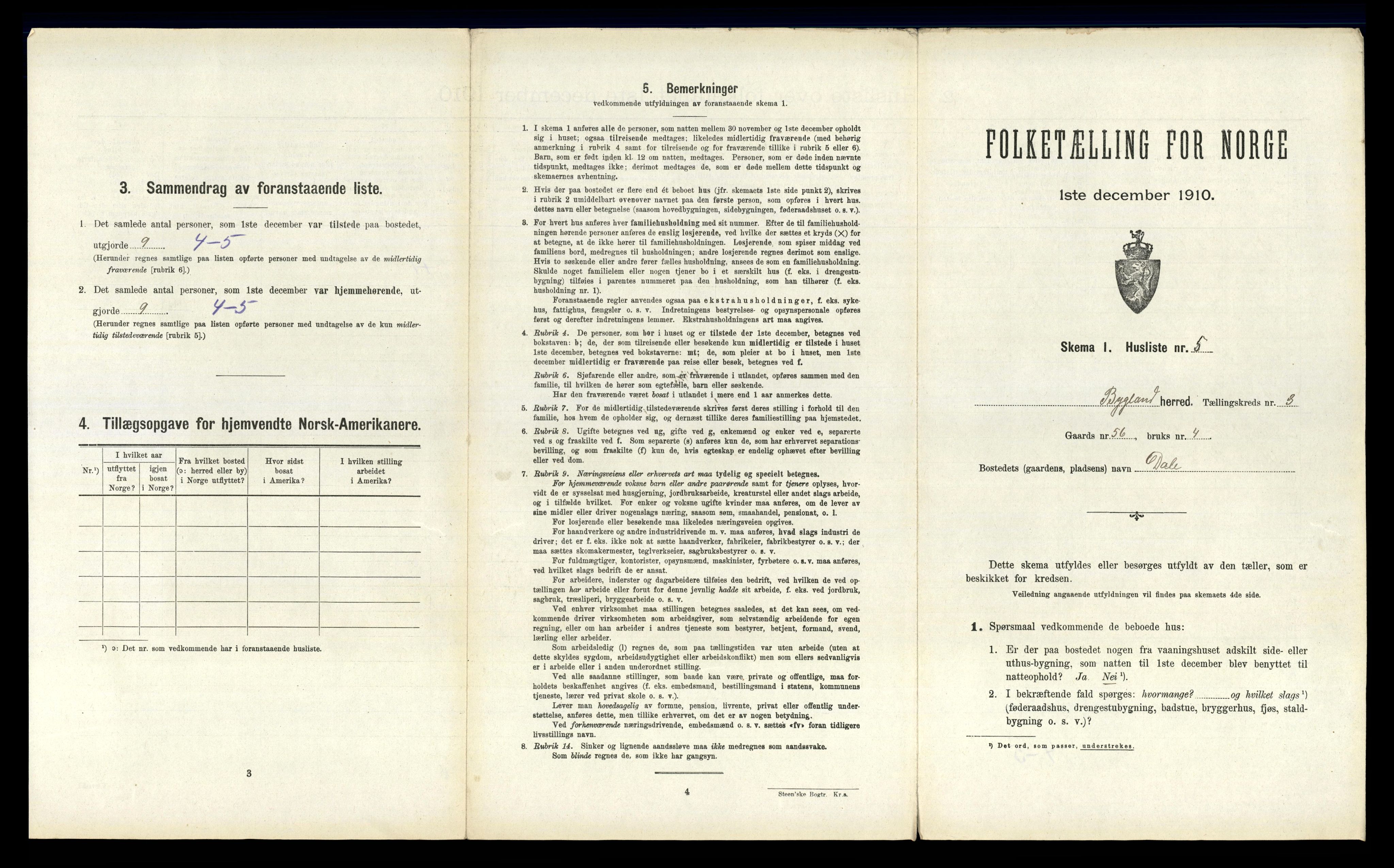 RA, 1910 census for Bygland, 1910, p. 223