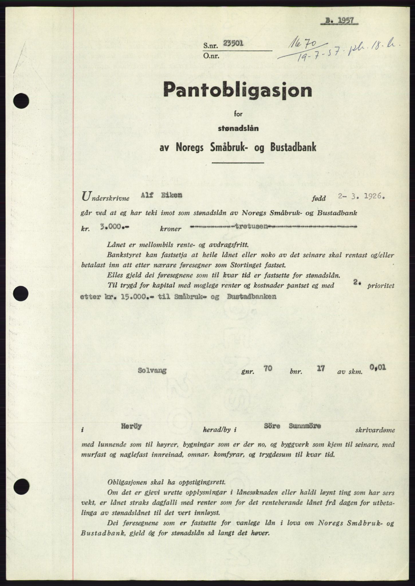 Søre Sunnmøre sorenskriveri, AV/SAT-A-4122/1/2/2C/L0130: Mortgage book no. 18B, 1957-1958, Diary no: : 1670/1957