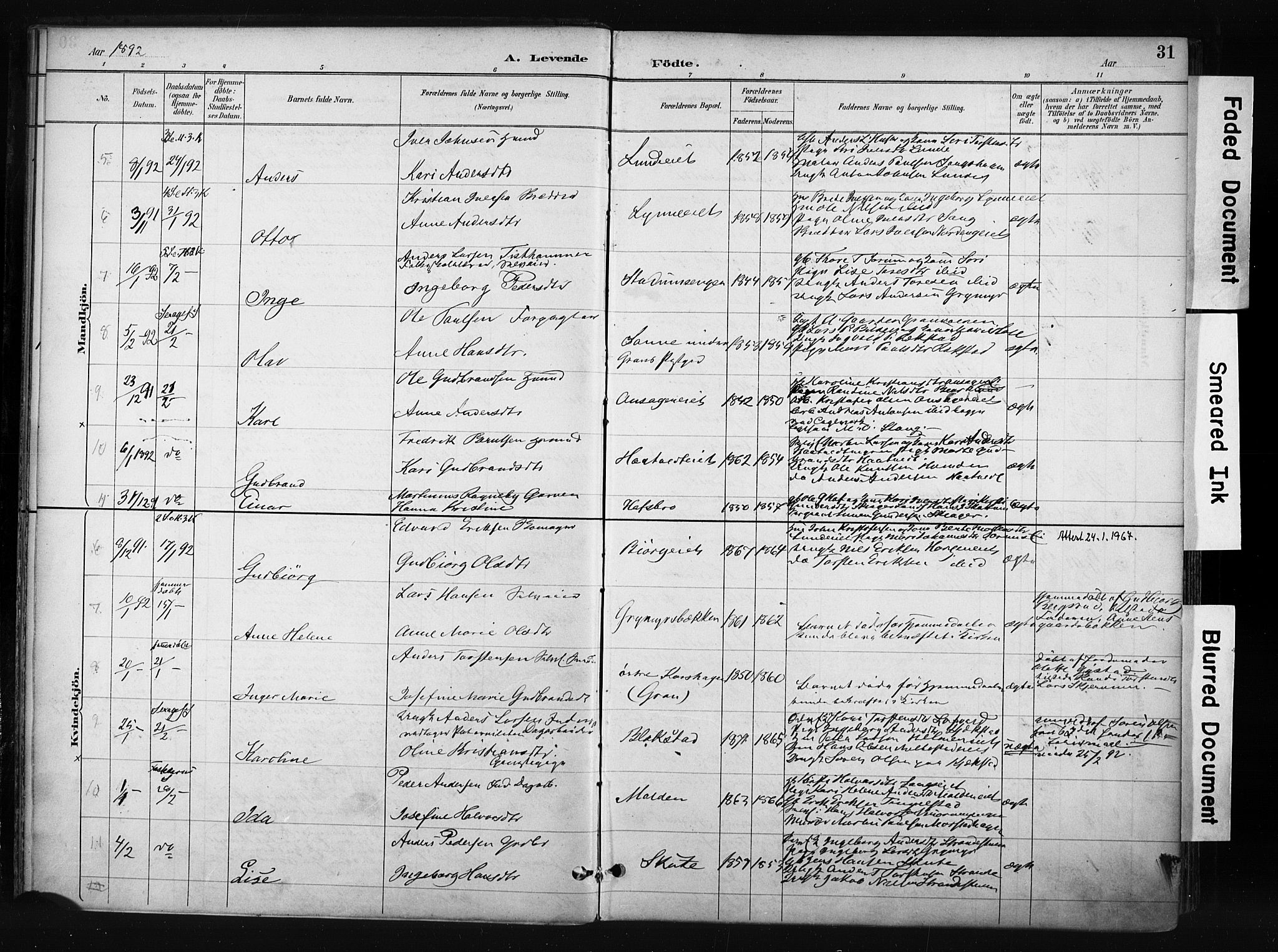 Gran prestekontor, SAH/PREST-112/H/Ha/Haa/L0017: Parish register (official) no. 17, 1889-1897, p. 31