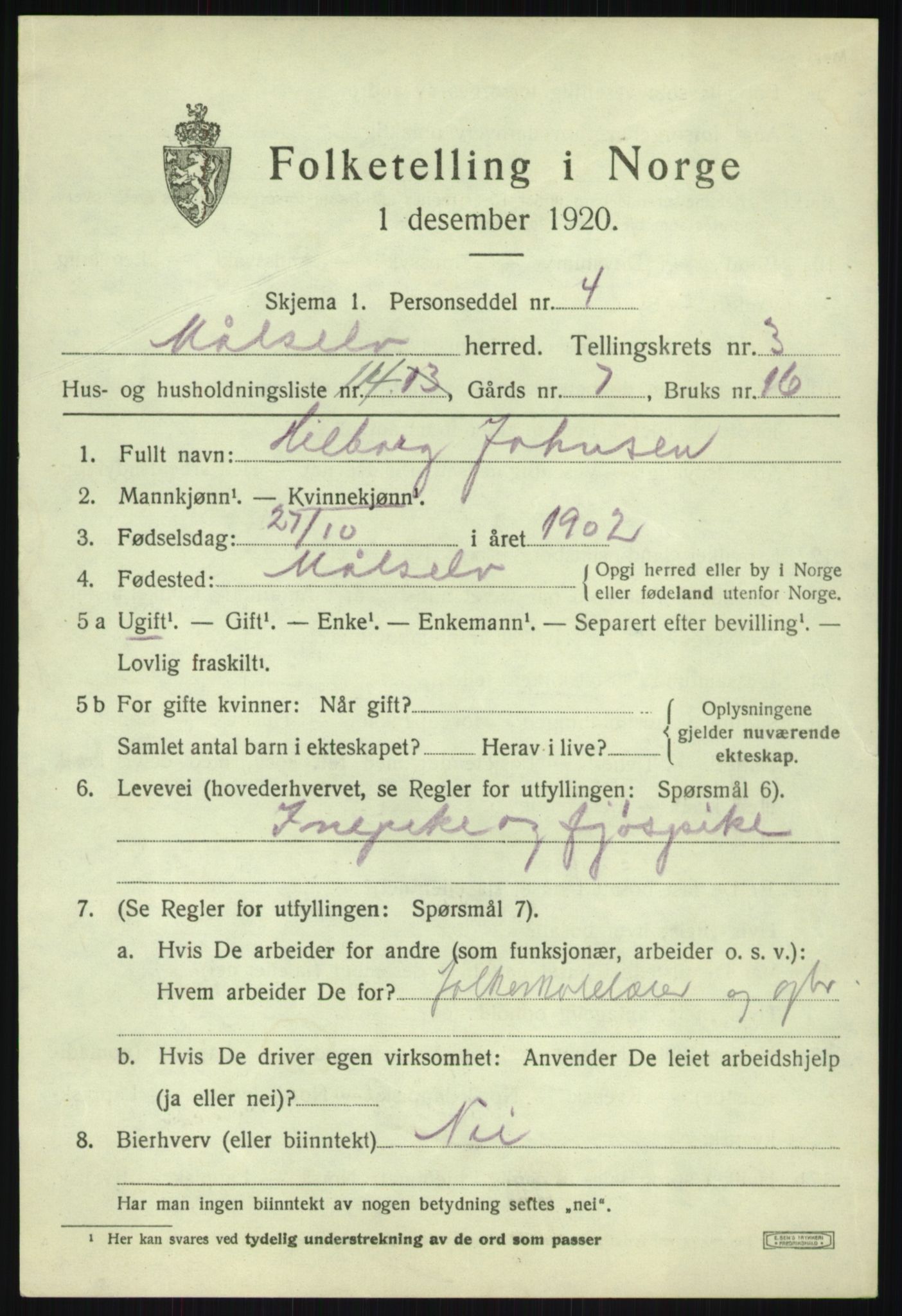 SATØ, 1920 census for Målselv, 1920, p. 2423