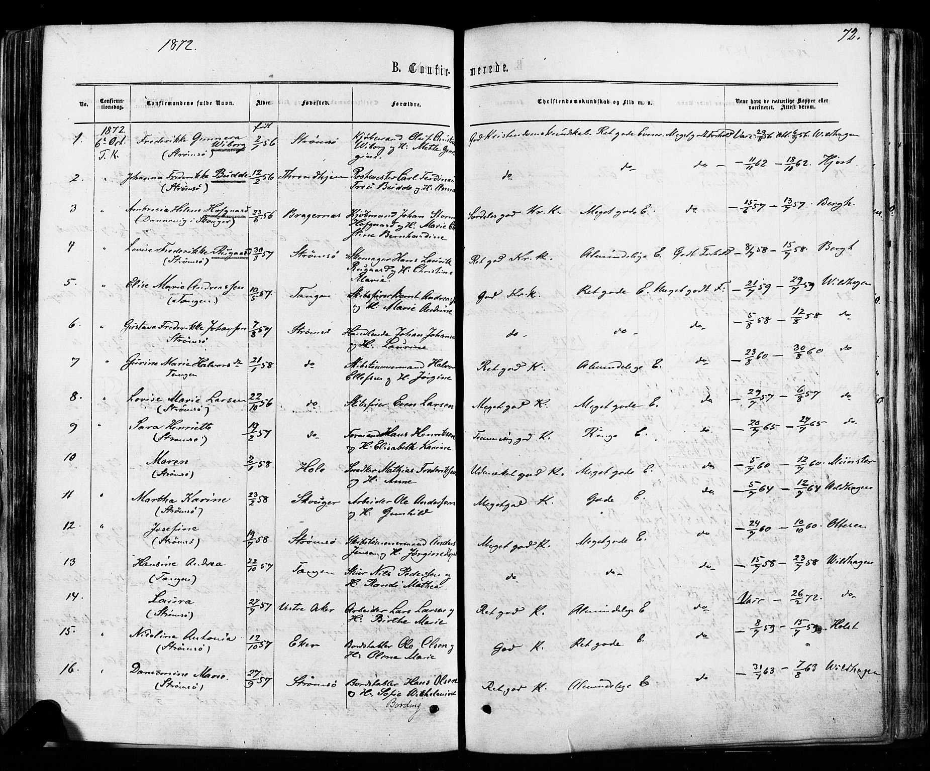 Strømsø kirkebøker, AV/SAKO-A-246/F/Fa/L0018: Parish register (official) no. I 18, 1865-1878, p. 72