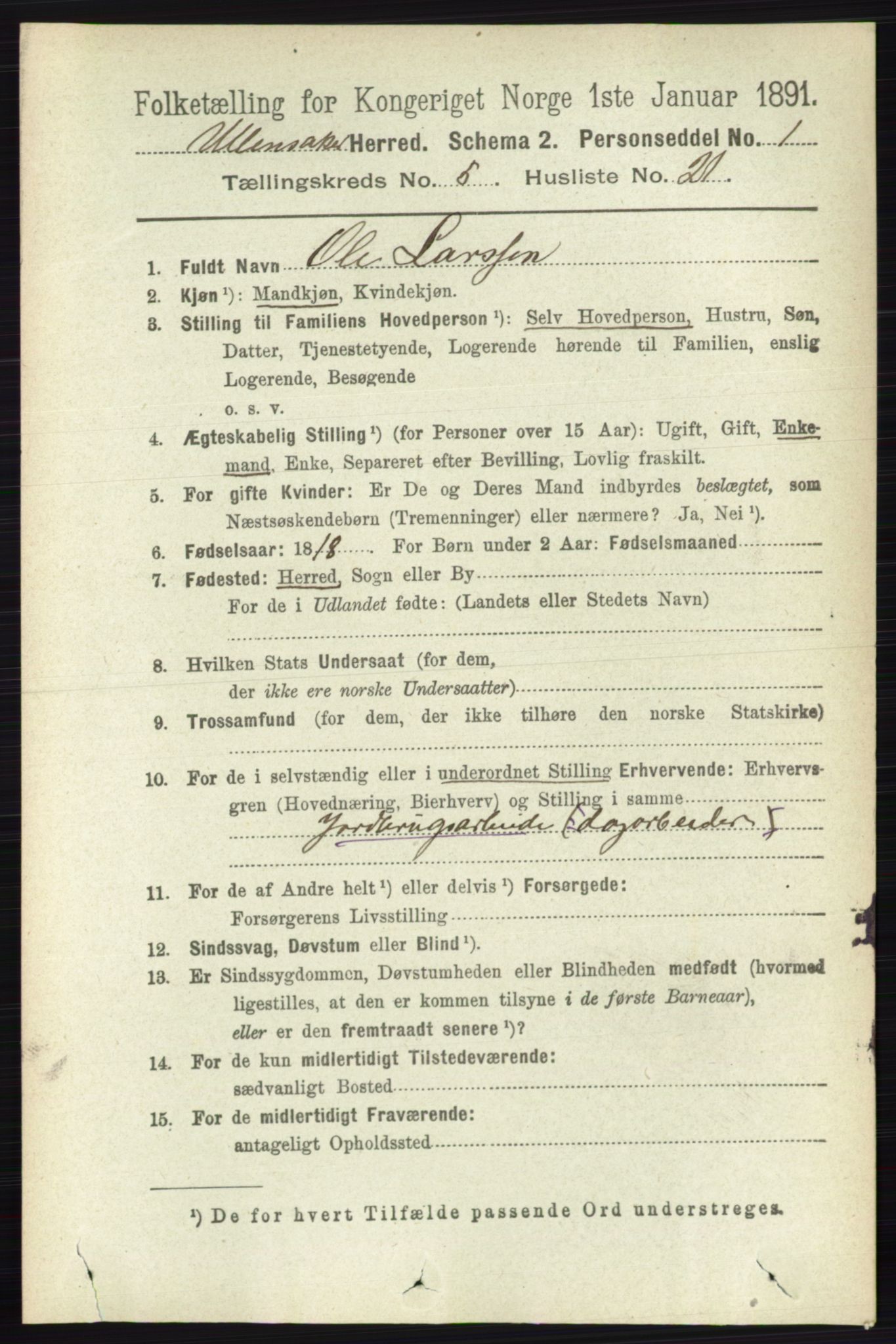 RA, 1891 census for 0235 Ullensaker, 1891, p. 2210