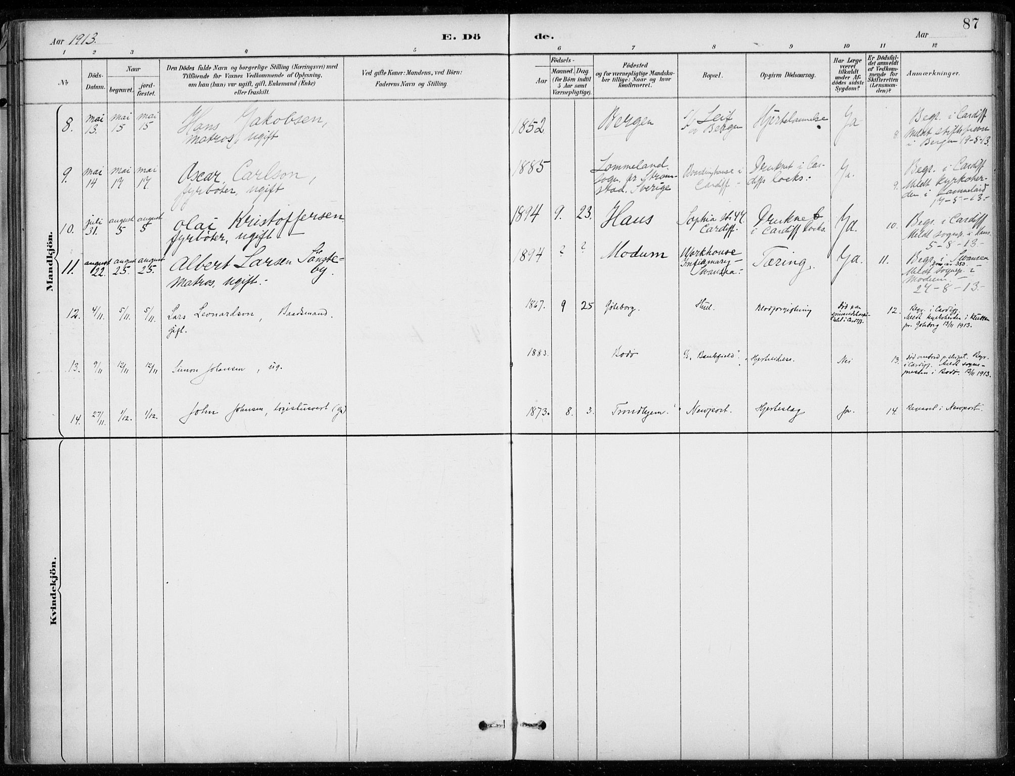 Den norske sjømannsmisjon i utlandet/Bristolhavnene(Cardiff-Swansea), SAB/SAB/PA-0102/H/Ha/Haa/L0002: Parish register (official) no. A 2, 1887-1932, p. 87