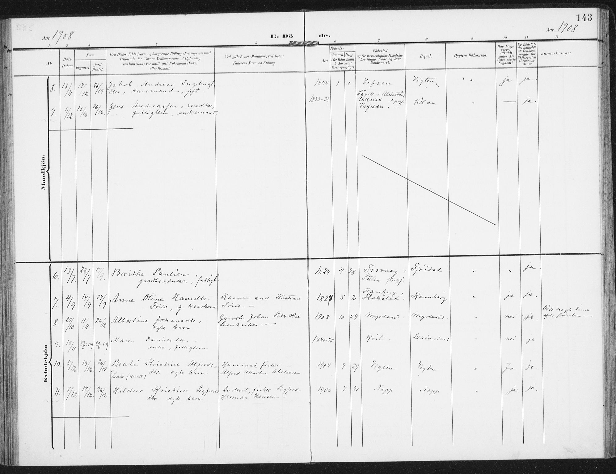 Ministerialprotokoller, klokkerbøker og fødselsregistre - Nordland, SAT/A-1459/885/L1206: Parish register (official) no. 885A07, 1905-1915, p. 143