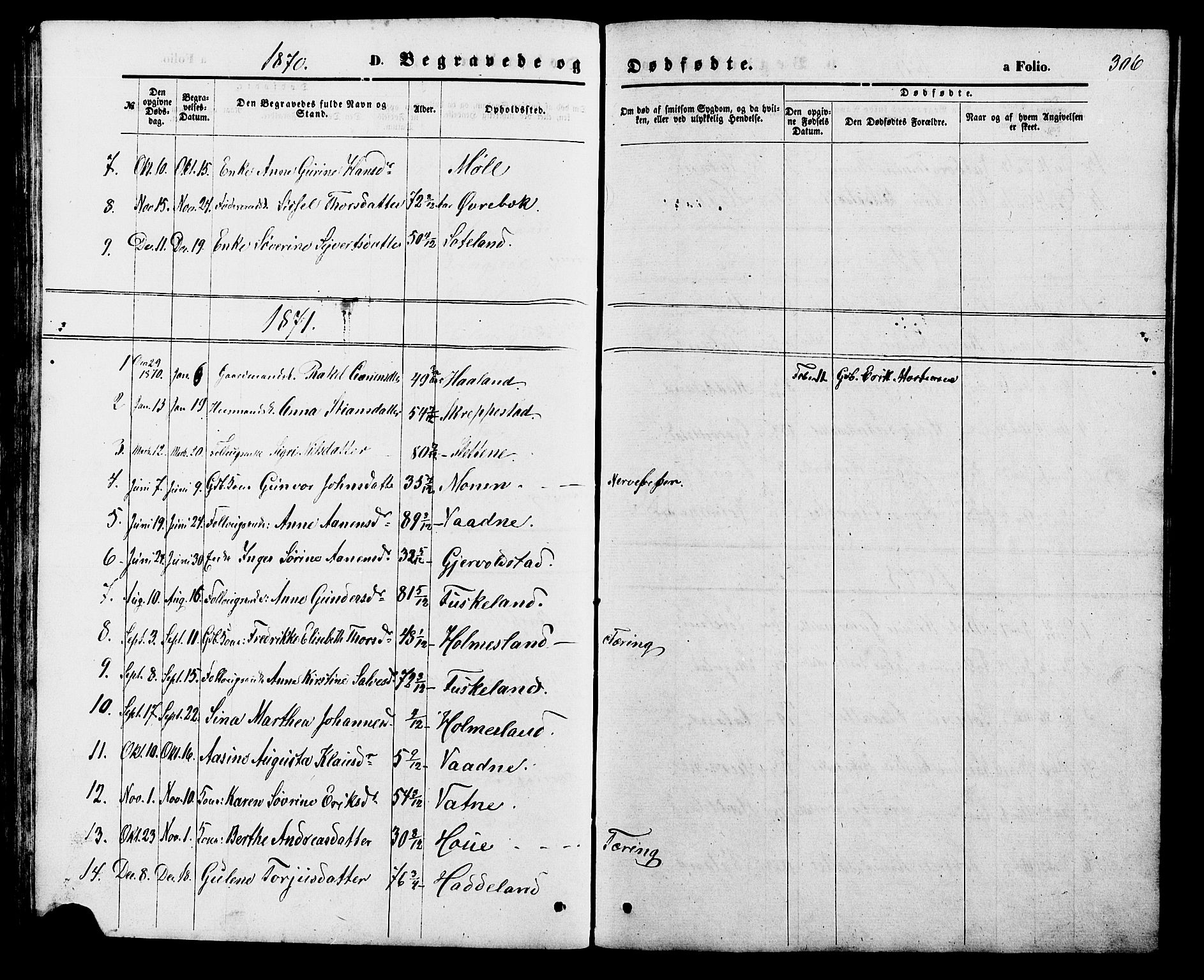 Holum sokneprestkontor, AV/SAK-1111-0022/F/Fb/Fba/L0004: Parish register (copy) no. B 4, 1867-1890, p. 306