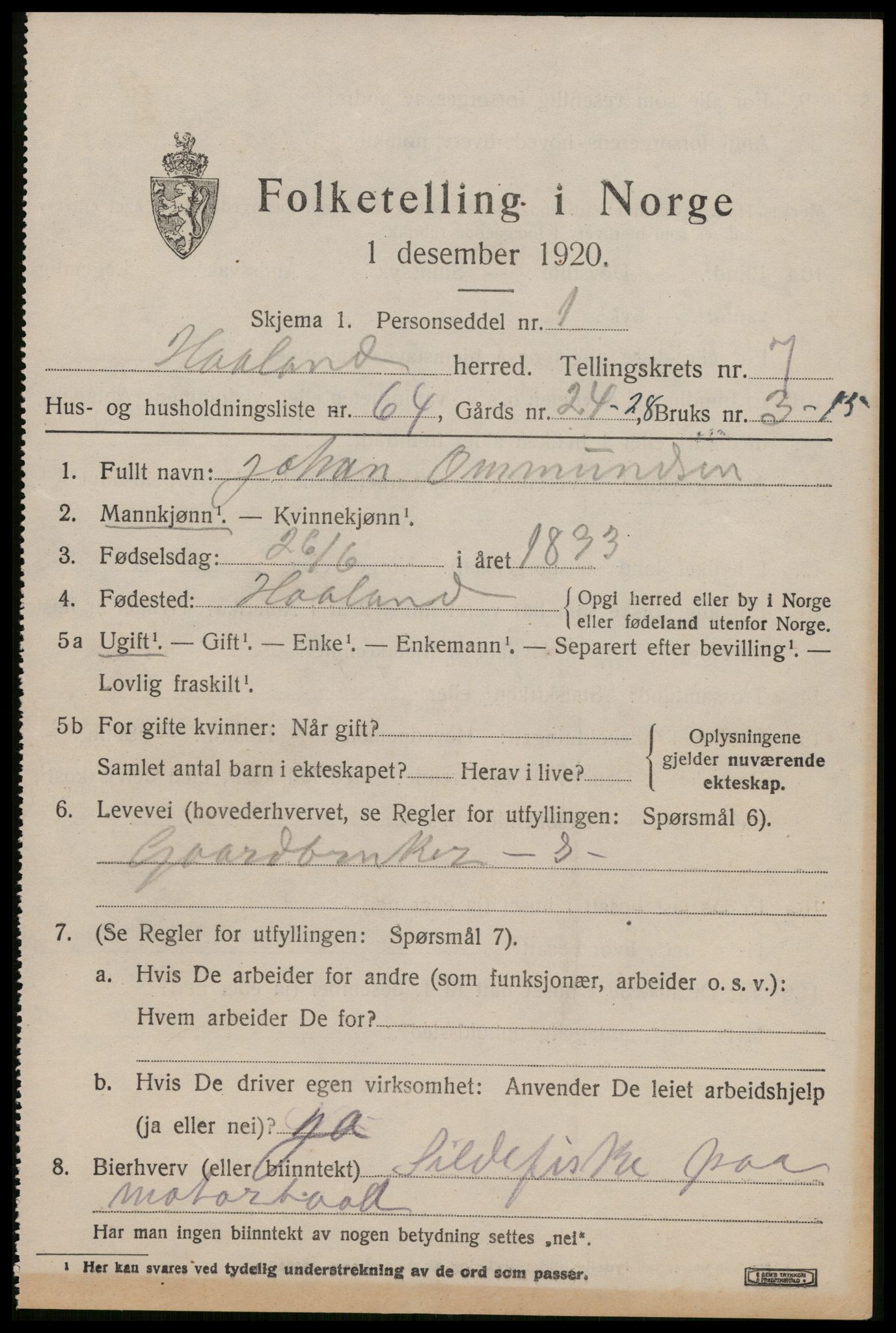 SAST, 1920 census for Håland, 1920, p. 6331