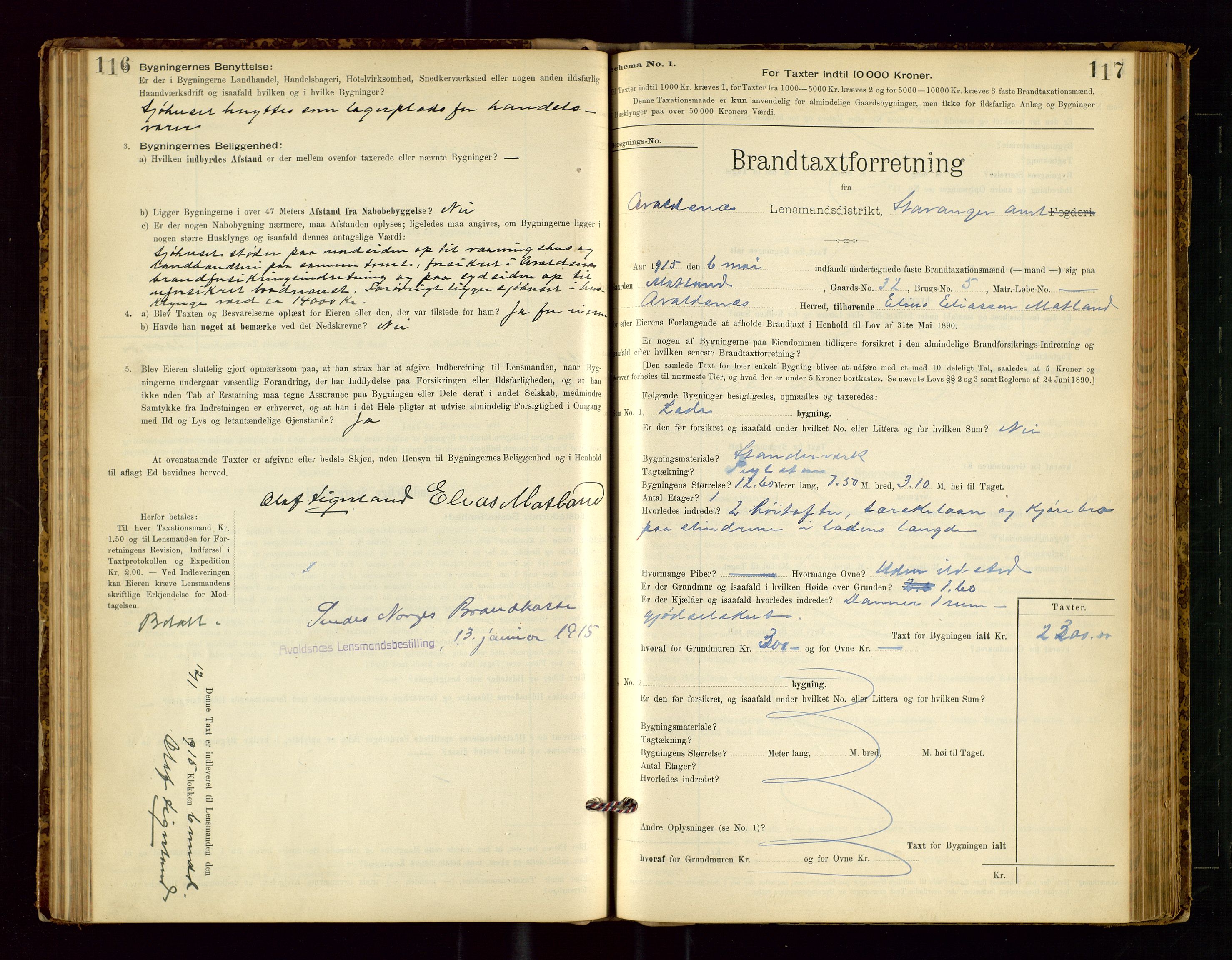Avaldsnes lensmannskontor, SAST/A-100286/Gob/L0001: "Brandtaxationsprotokol for Avaldsnes Lensmandsdistrikt Ryfylke Fogderi", 1894-1925, p. 116-117