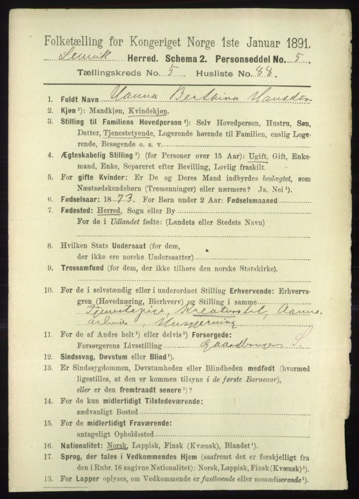 RA, 1891 census for 1931 Lenvik, 1891, p. 3164