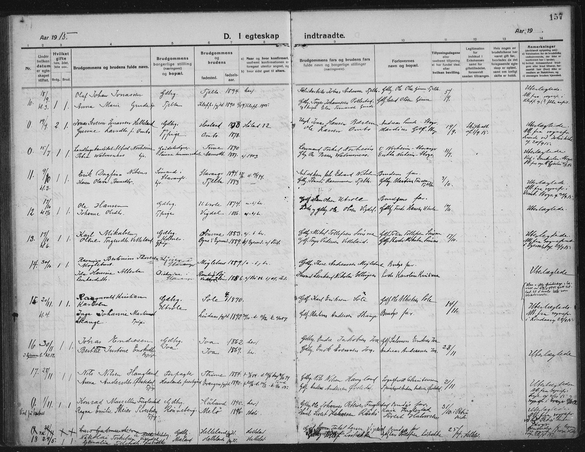 Håland sokneprestkontor, AV/SAST-A-101802/002/C/L0001: Parish register (official) no. A 14, 1913-1927, p. 157