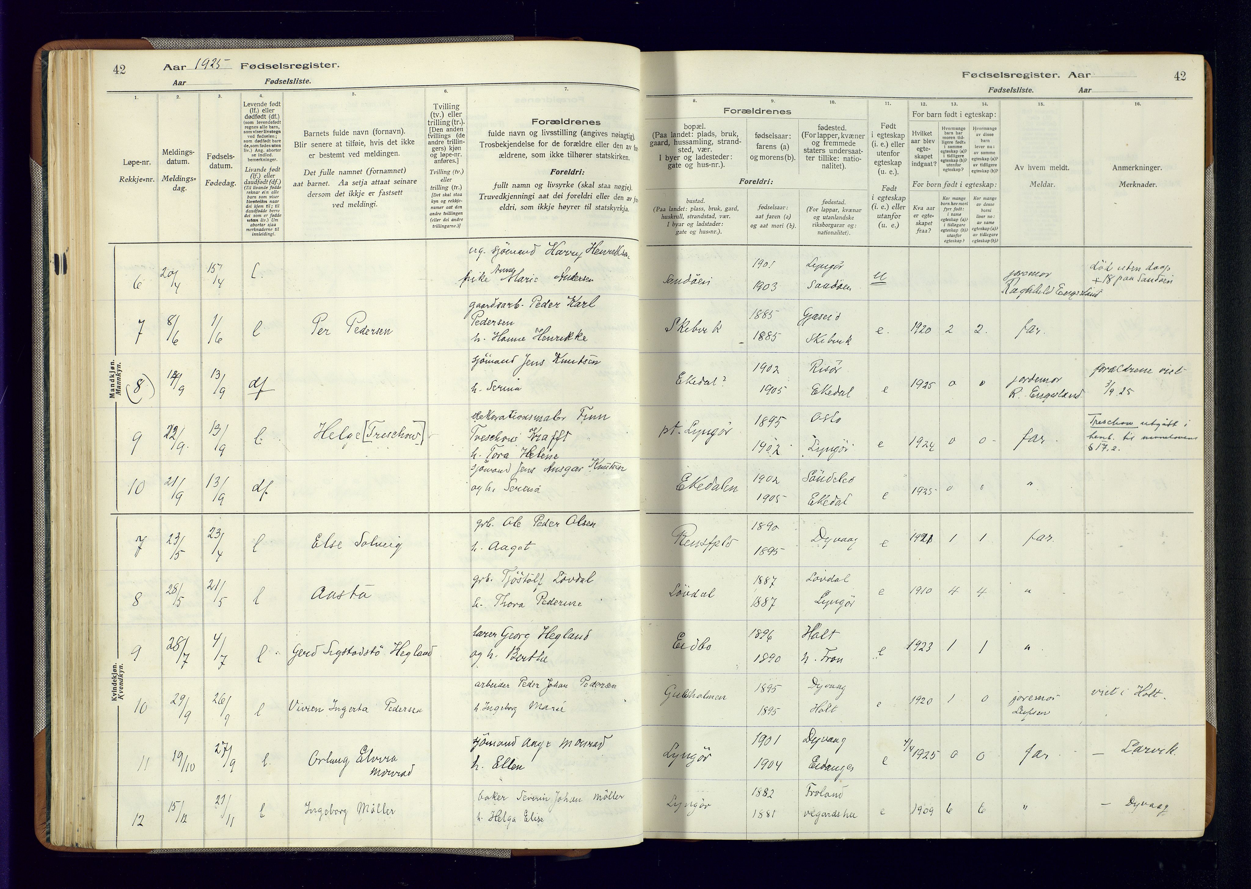 Dypvåg sokneprestkontor, AV/SAK-1111-0007/J/Ja/L0001: Birth register no. II.4.3, 1916-1975, p. 42