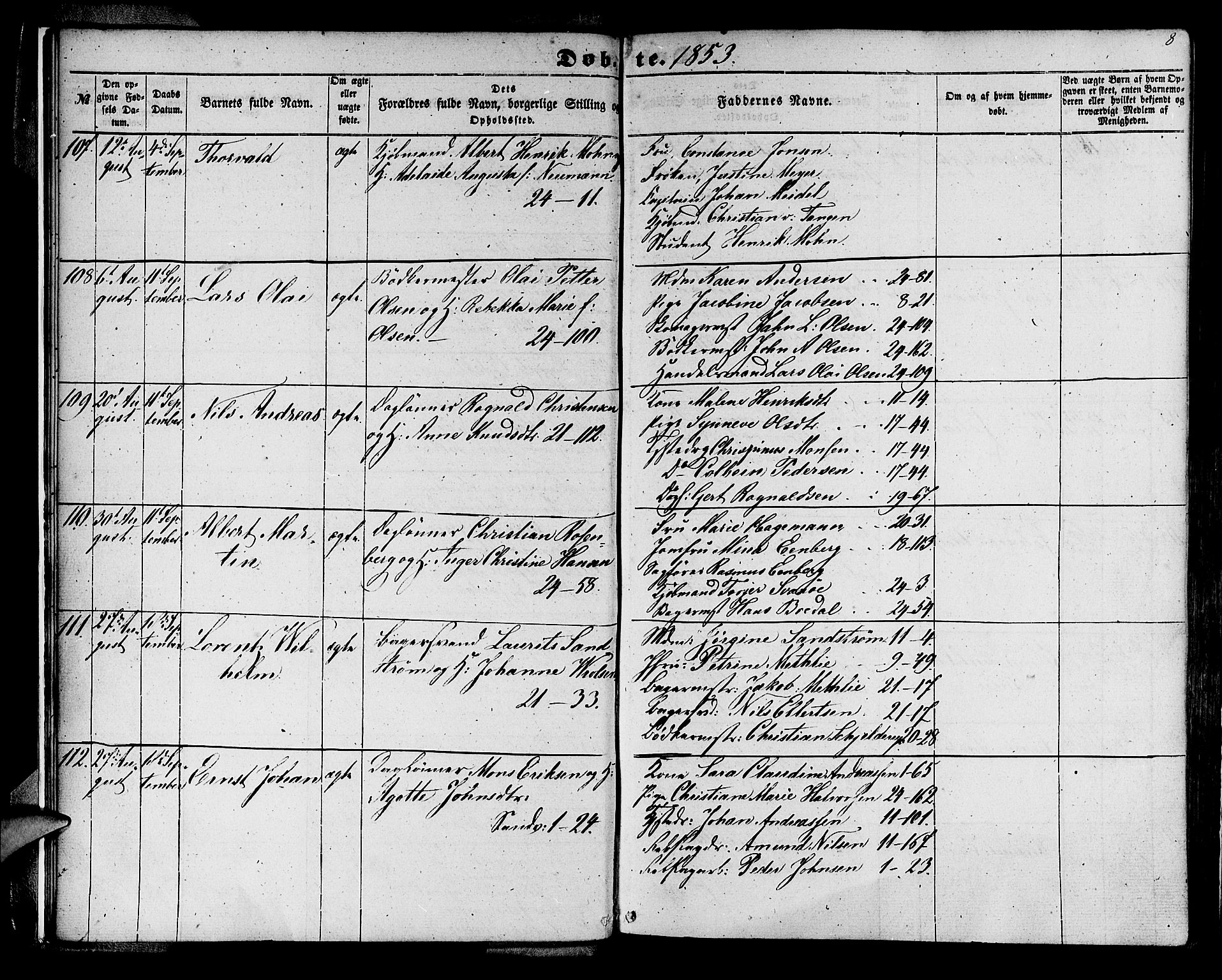 Korskirken sokneprestembete, AV/SAB-A-76101/H/Hab: Parish register (copy) no. B 3, 1853-1858, p. 8