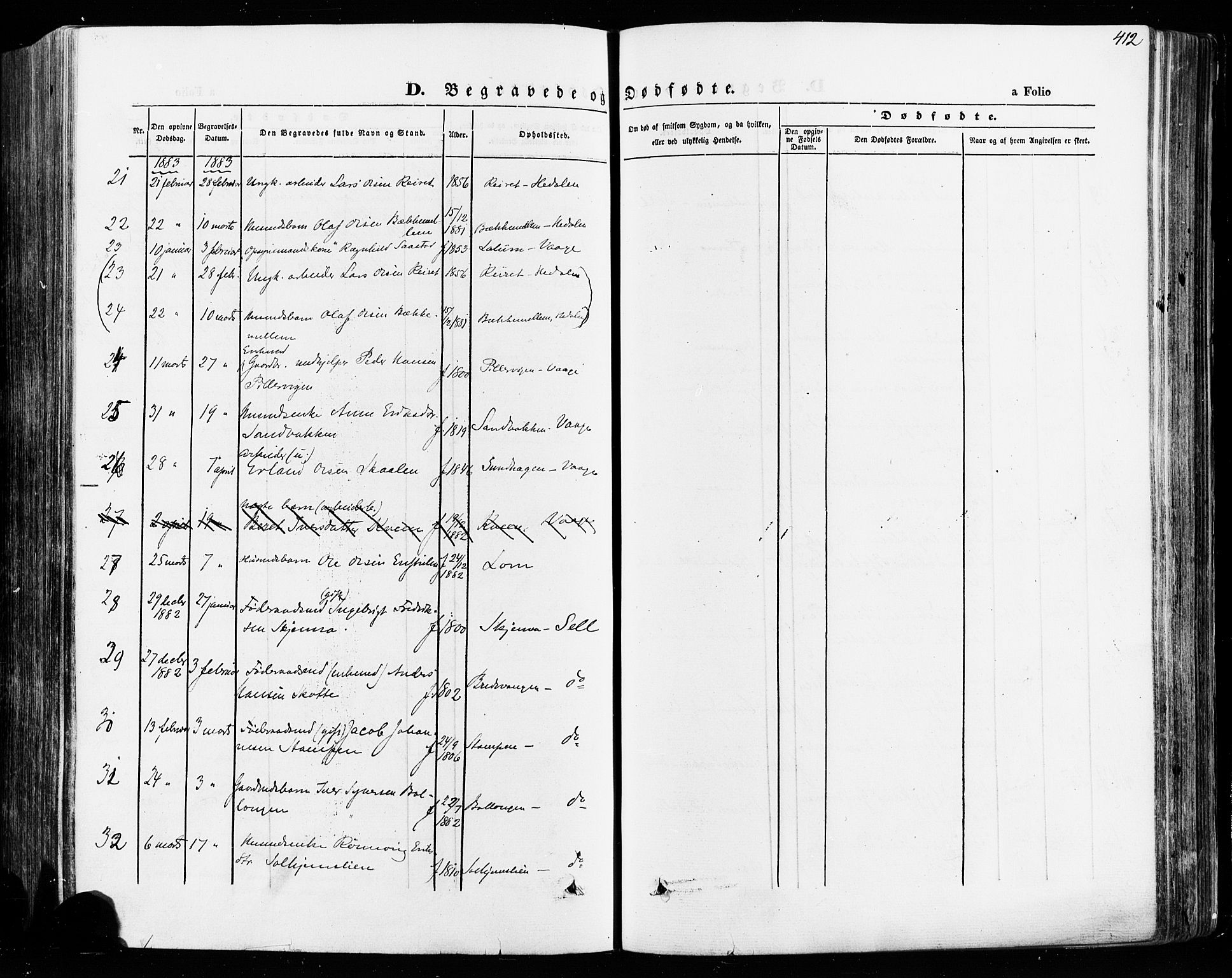 Vågå prestekontor, AV/SAH-PREST-076/H/Ha/Haa/L0007: Parish register (official) no. 7 /1, 1872-1886, p. 412