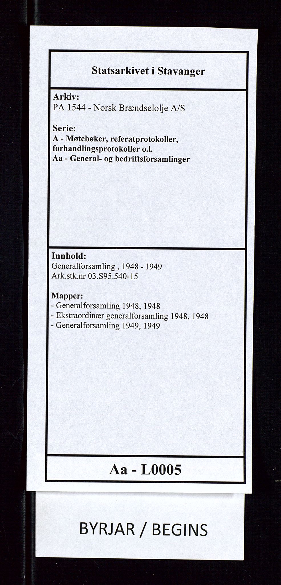 PA 1544 - Norsk Brændselolje A/S, AV/SAST-A-101965/1/A/Aa/L0005/0003: Generalforsamling  / Generalforsamling 1949, 1949, p. 1