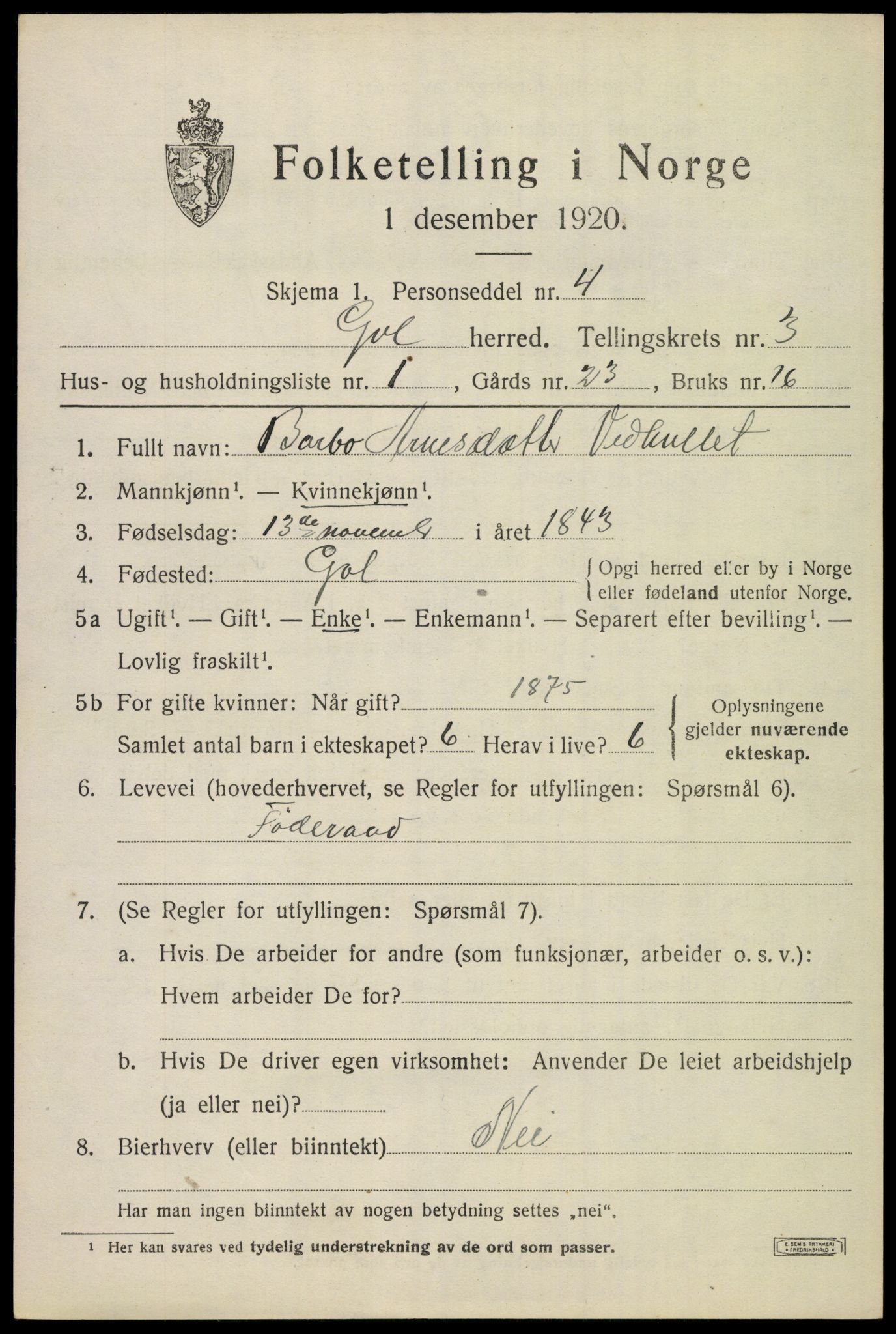 SAKO, 1920 census for Gol, 1920, p. 2188