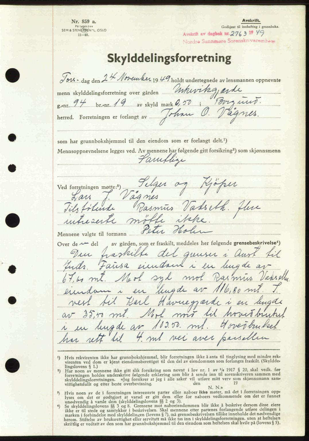 Nordre Sunnmøre sorenskriveri, AV/SAT-A-0006/1/2/2C/2Ca: Mortgage book no. A33, 1949-1950, Diary no: : 2763/1949