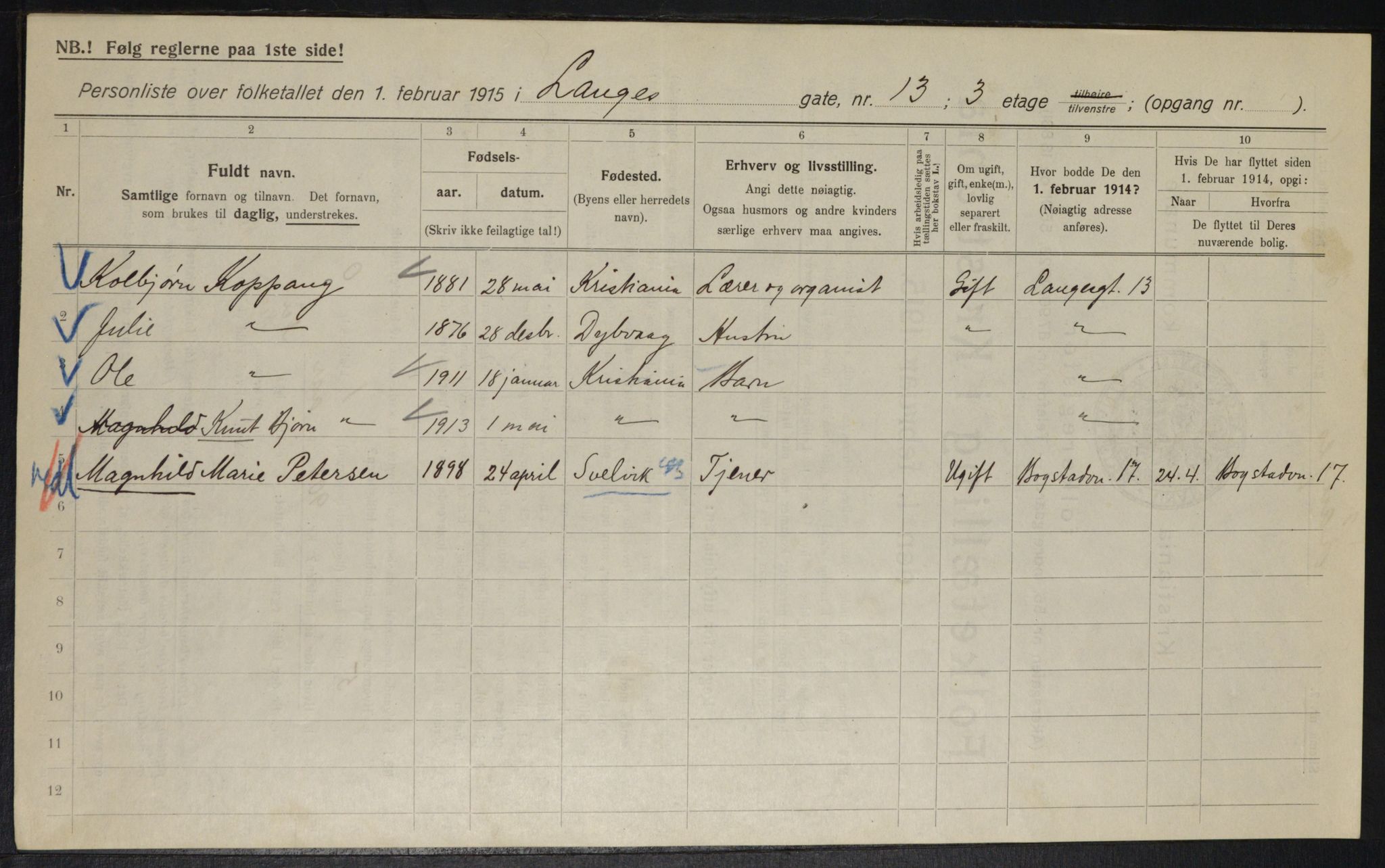 OBA, Municipal Census 1915 for Kristiania, 1915, p. 55915