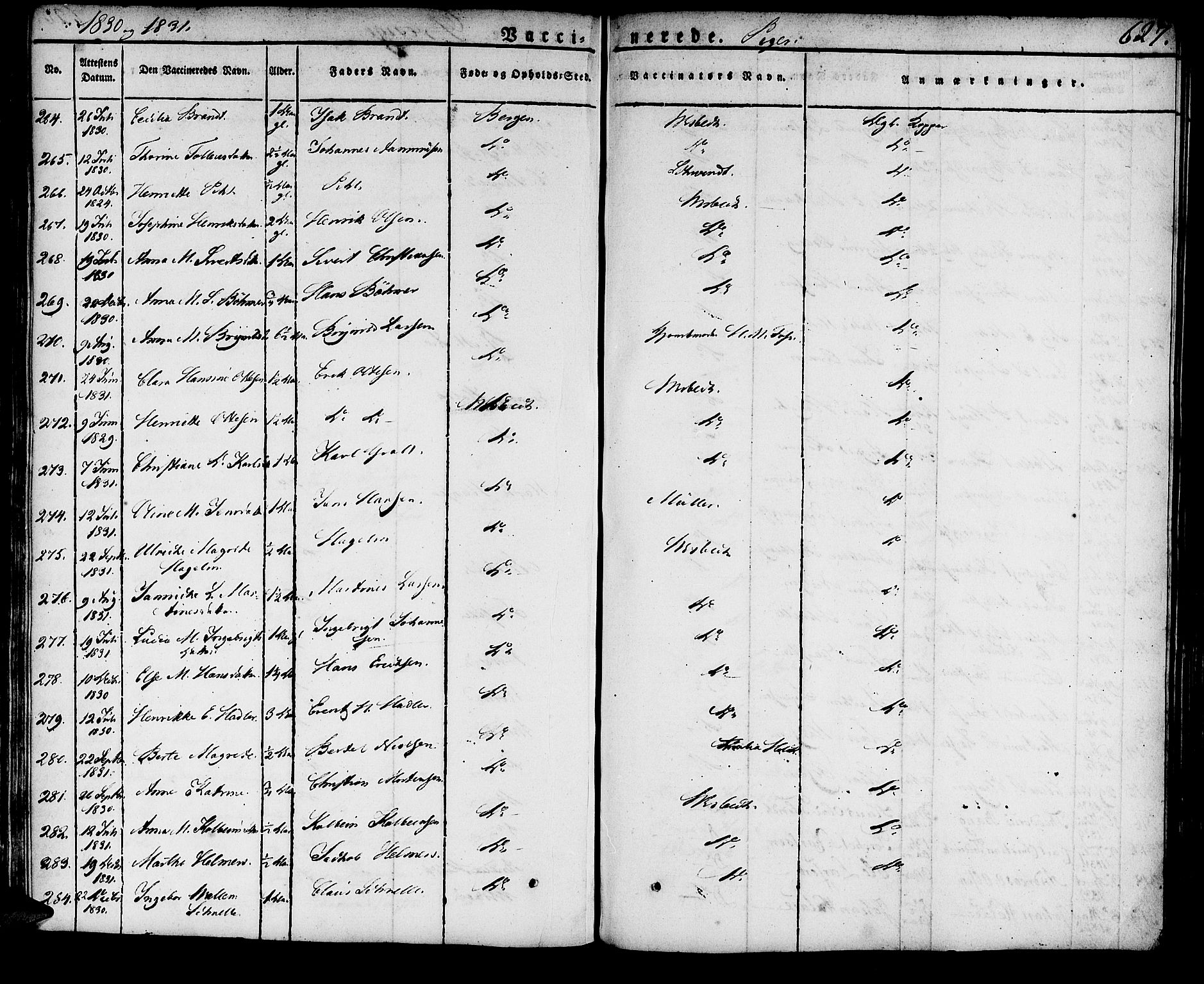 Domkirken sokneprestembete, SAB/A-74801/H/Haa/L0012: Parish register (official) no. A 12, 1821-1840, p. 627