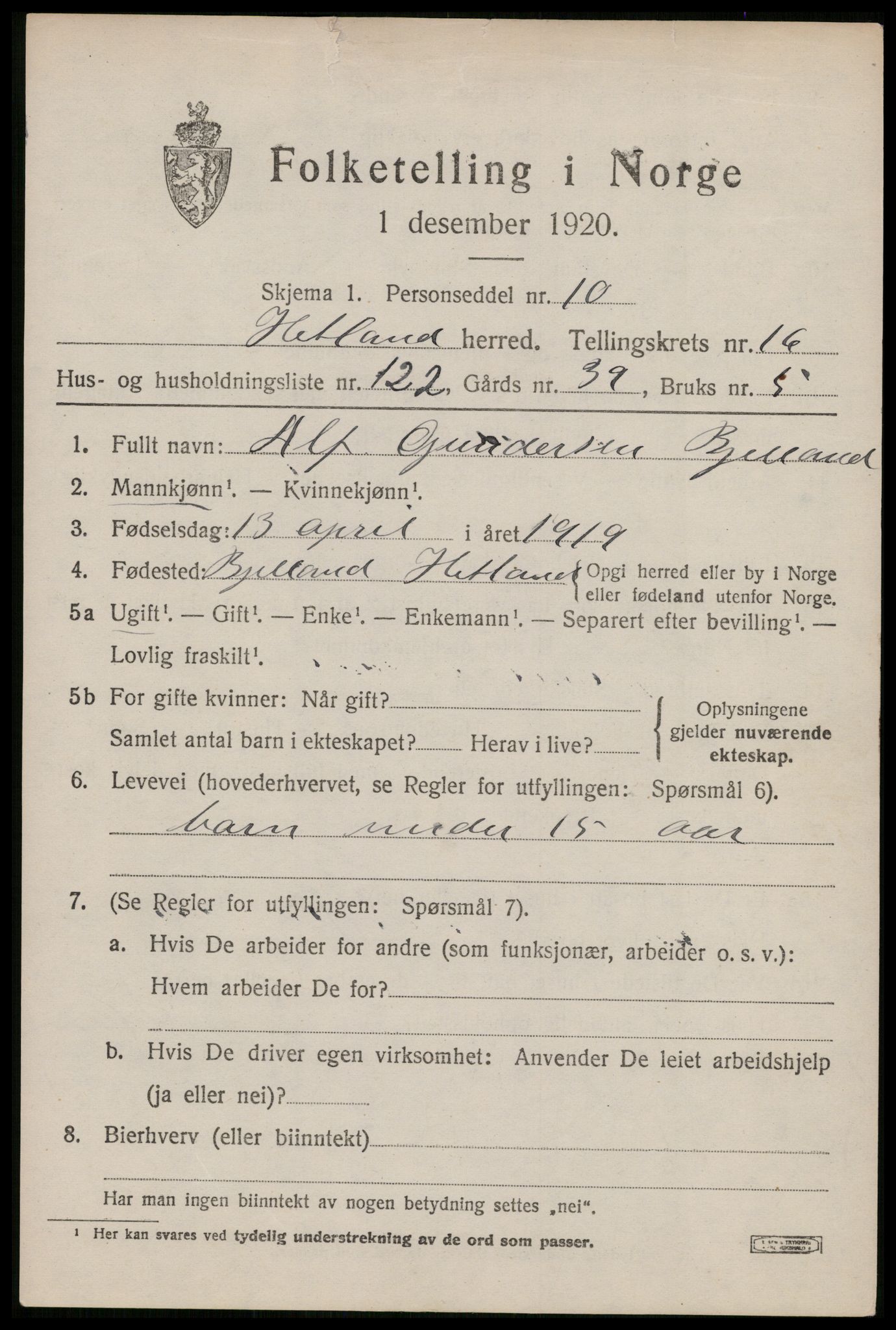 SAST, 1920 census for Hetland, 1920, p. 24507