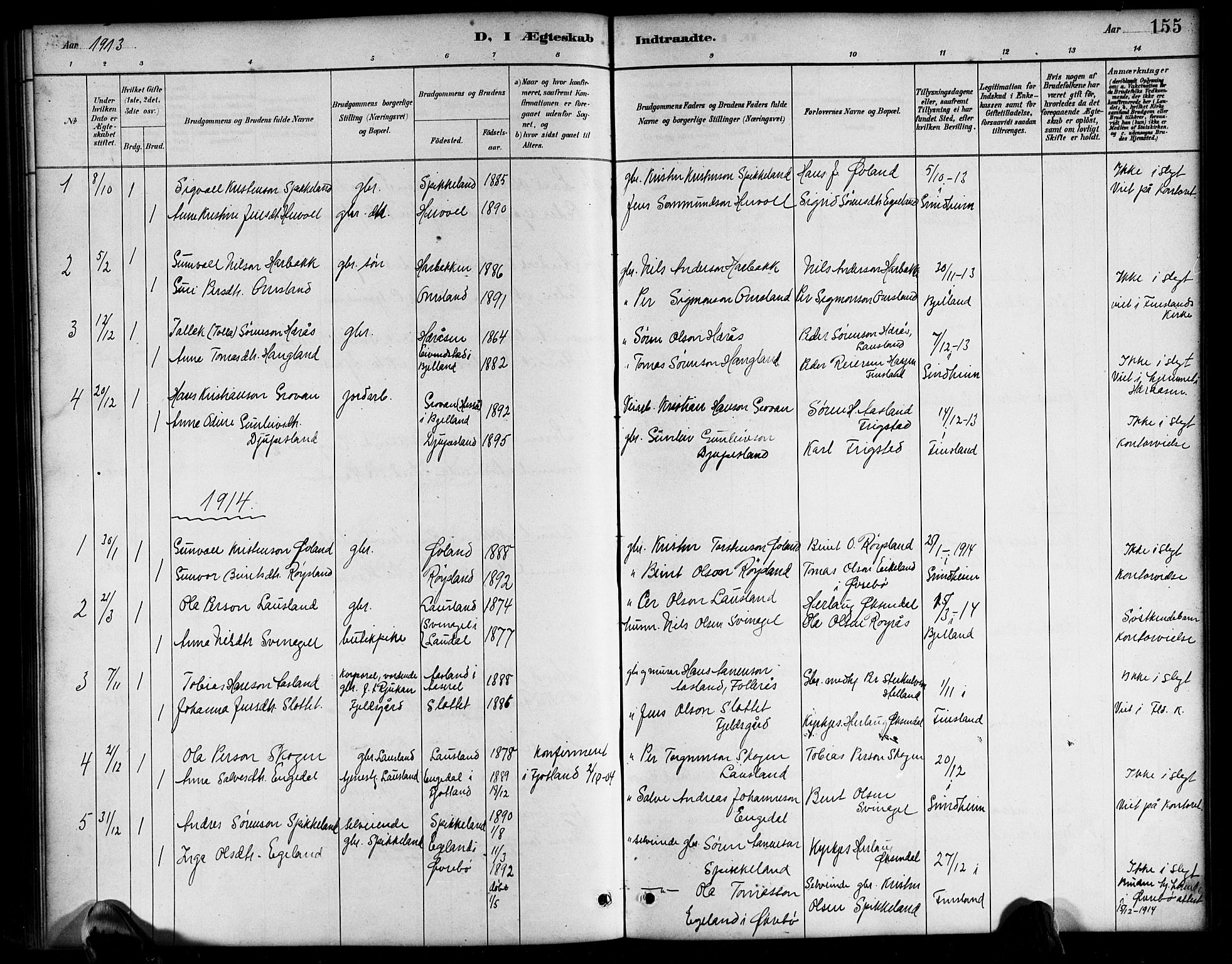 Bjelland sokneprestkontor, SAK/1111-0005/F/Fb/Fbb/L0005: Parish register (copy) no. B 5, 1887-1918, p. 155