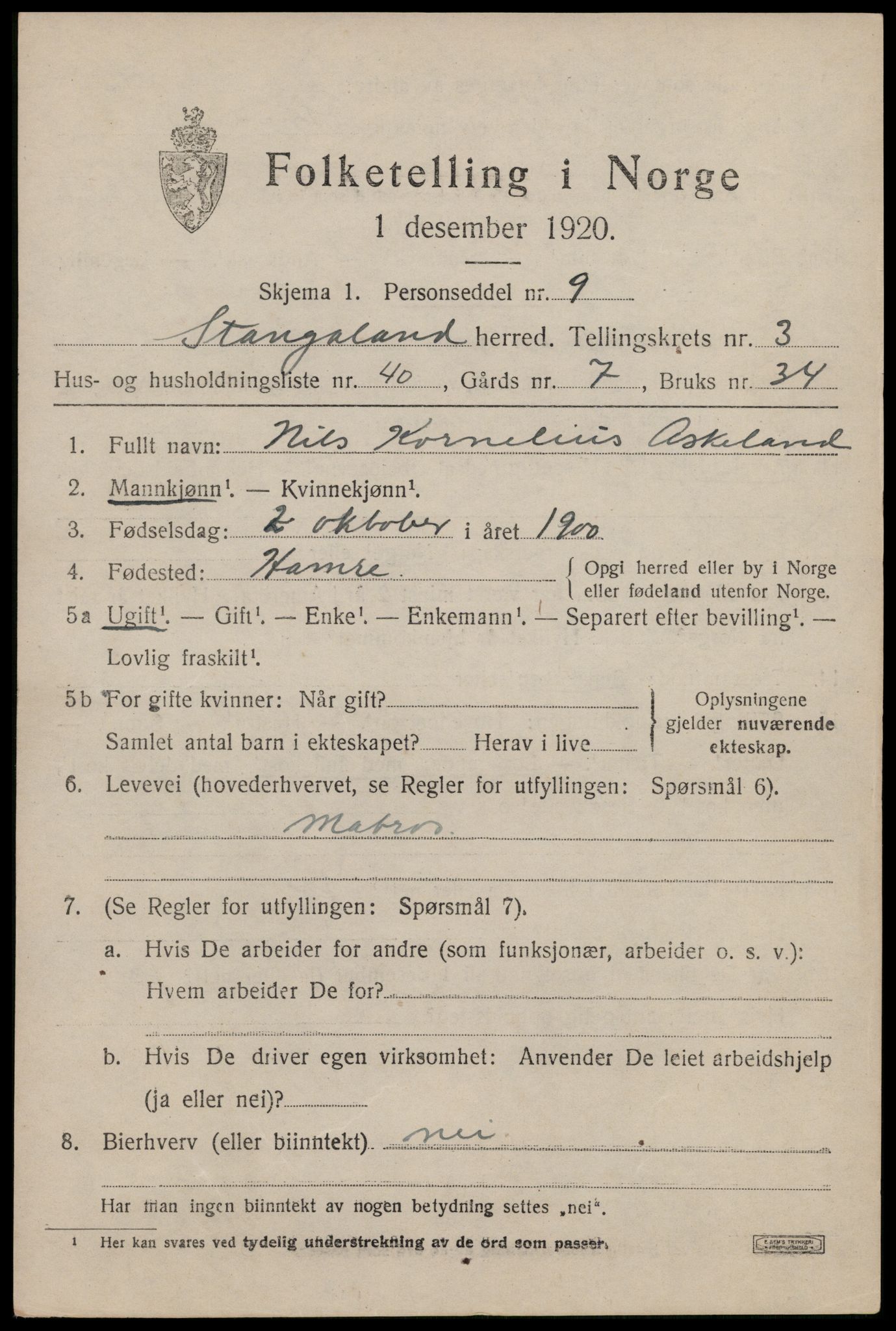 SAST, 1920 census for Stangaland, 1920, p. 2803