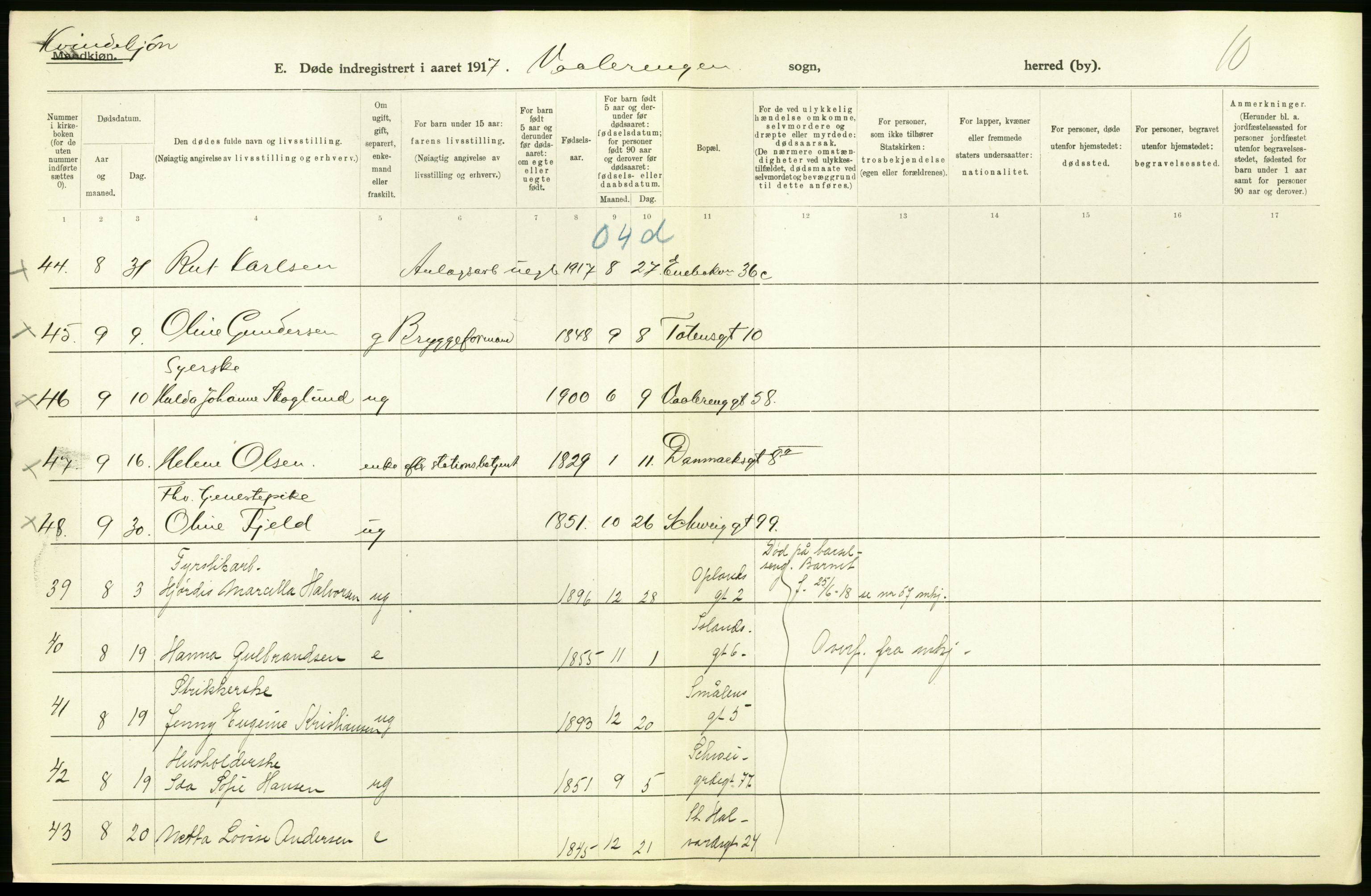 Statistisk sentralbyrå, Sosiodemografiske emner, Befolkning, AV/RA-S-2228/D/Df/Dfb/Dfbg/L0011: Kristiania: Døde, dødfødte., 1917, p. 262