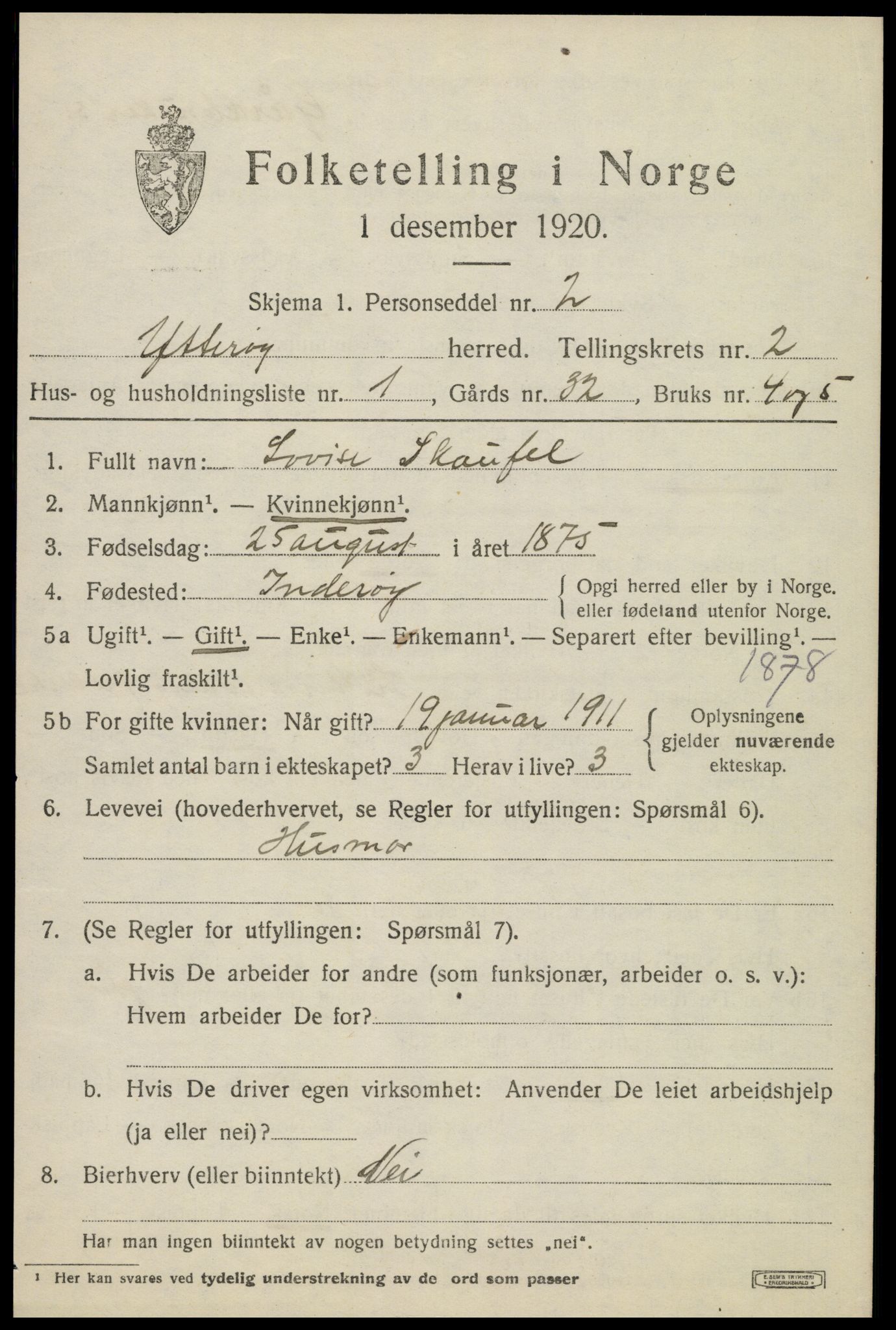 SAT, 1920 census for Ytterøy, 1920, p. 1013