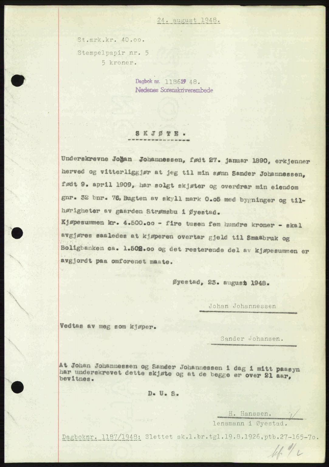 Nedenes sorenskriveri, SAK/1221-0006/G/Gb/Gba/L0059: Mortgage book no. A11, 1948-1948, Diary no: : 1186/1948