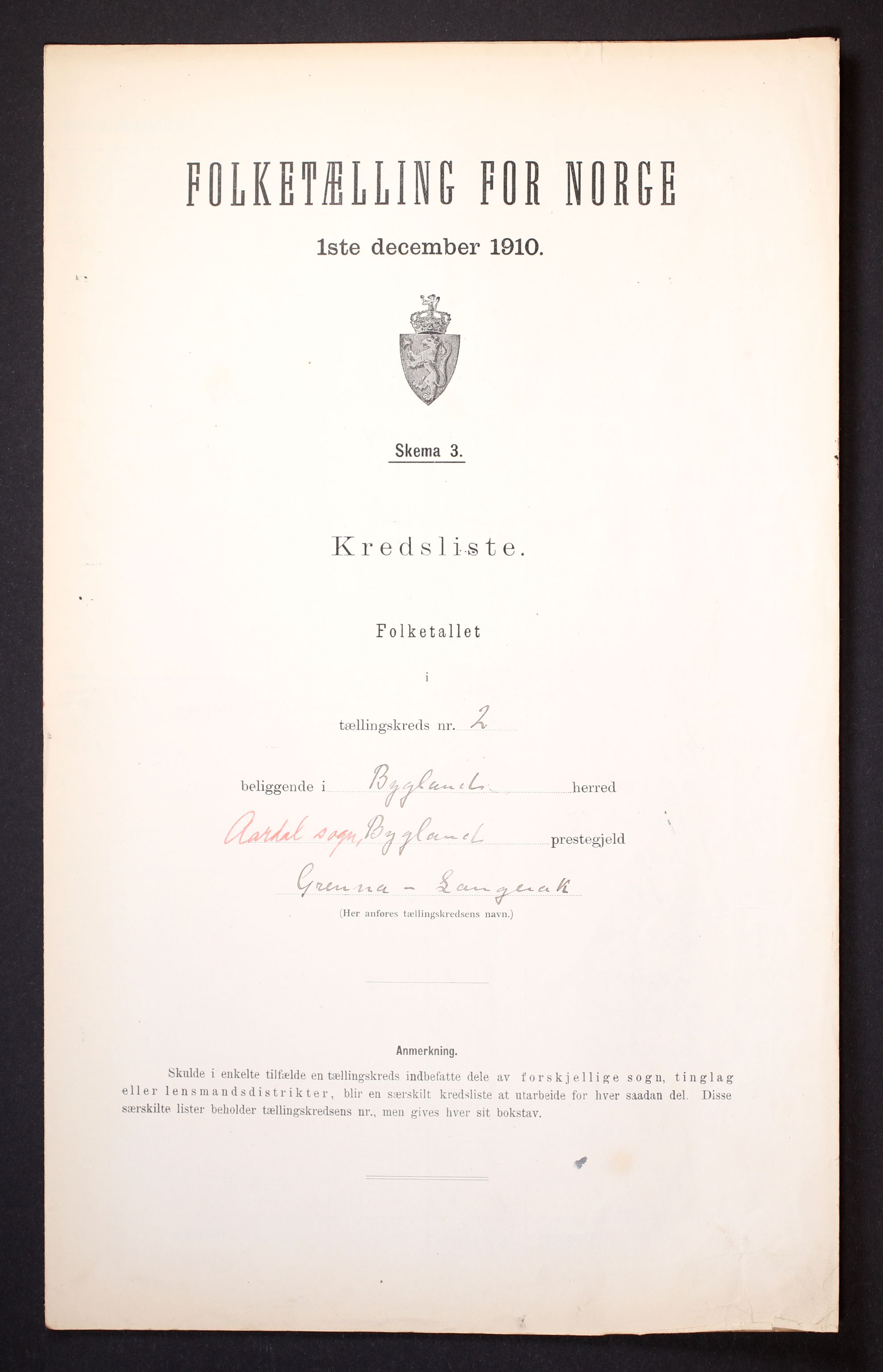 RA, 1910 census for Bygland, 1910, p. 7