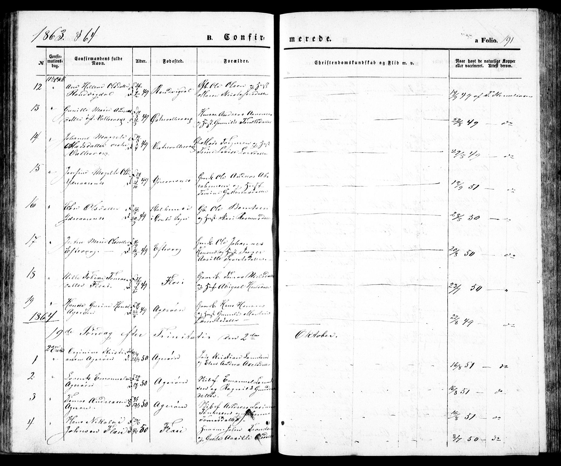 Høvåg sokneprestkontor, AV/SAK-1111-0025/F/Fb/L0002: Parish register (copy) no. B 2, 1847-1869, p. 191