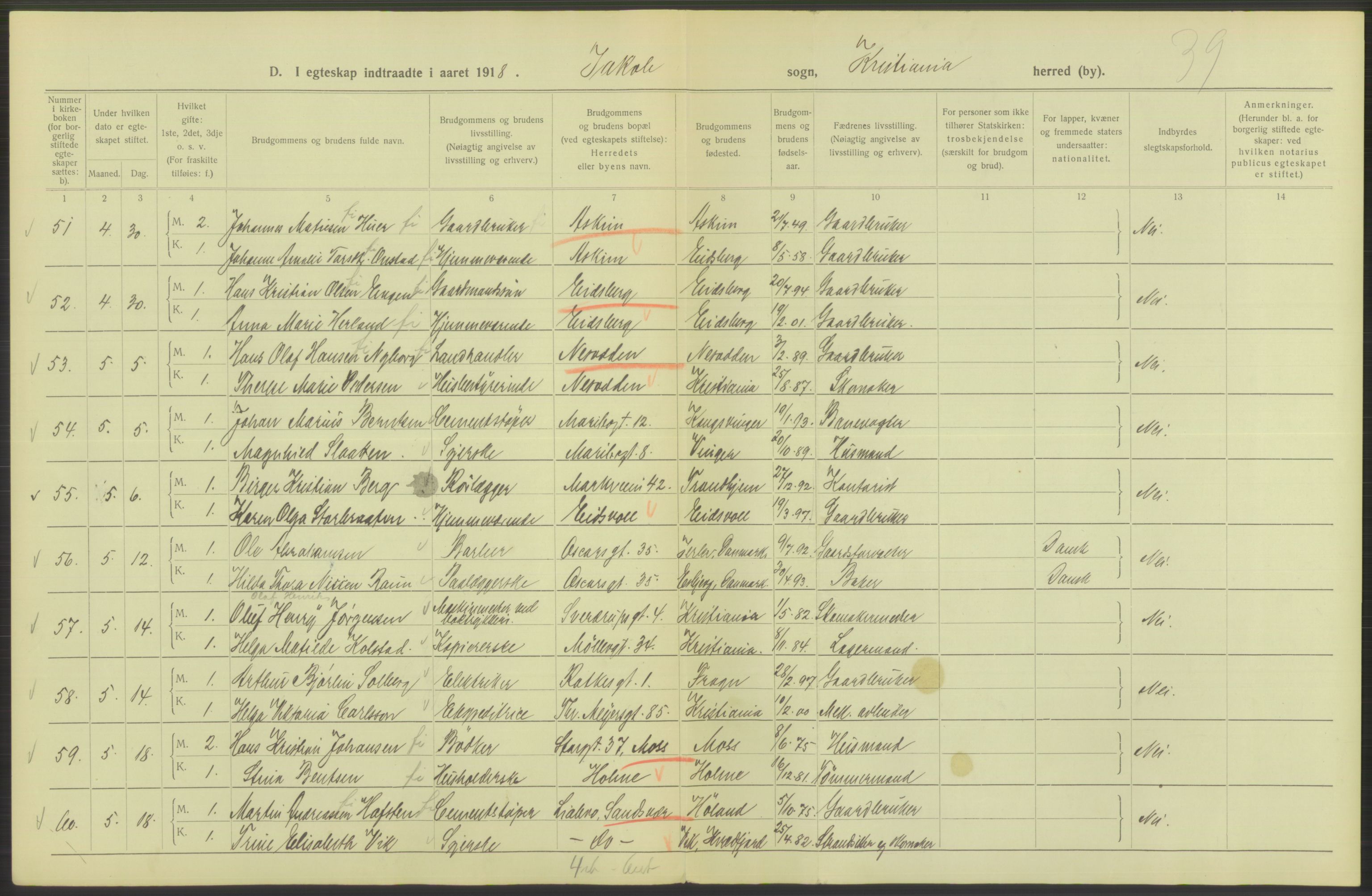 Statistisk sentralbyrå, Sosiodemografiske emner, Befolkning, AV/RA-S-2228/D/Df/Dfb/Dfbh/L0009: Kristiania: Gifte, 1918, p. 648