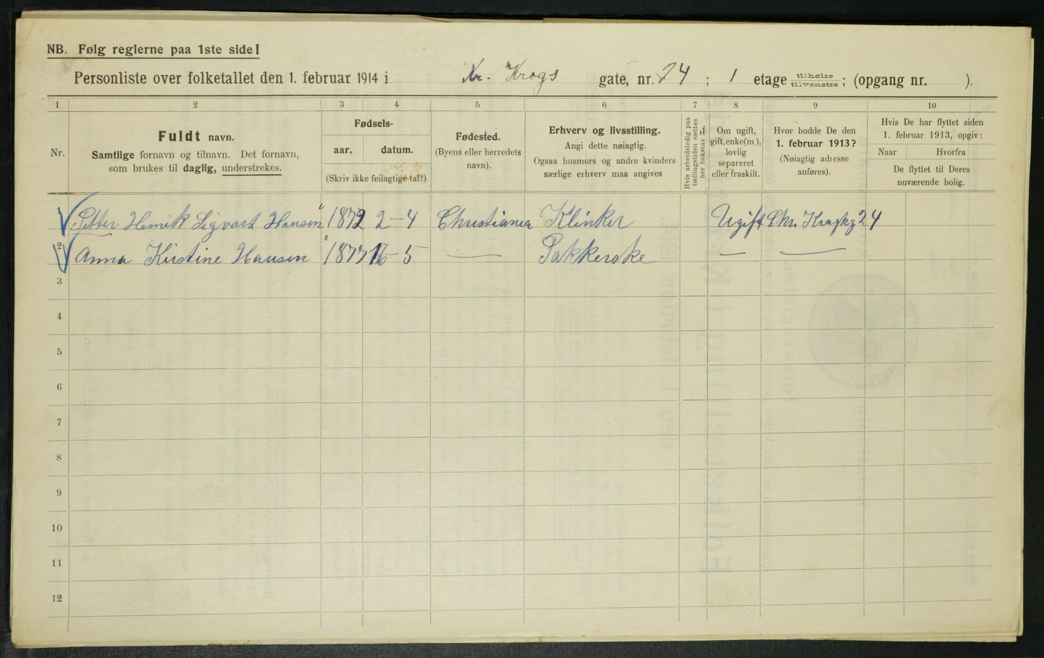 OBA, Municipal Census 1914 for Kristiania, 1914, p. 12048