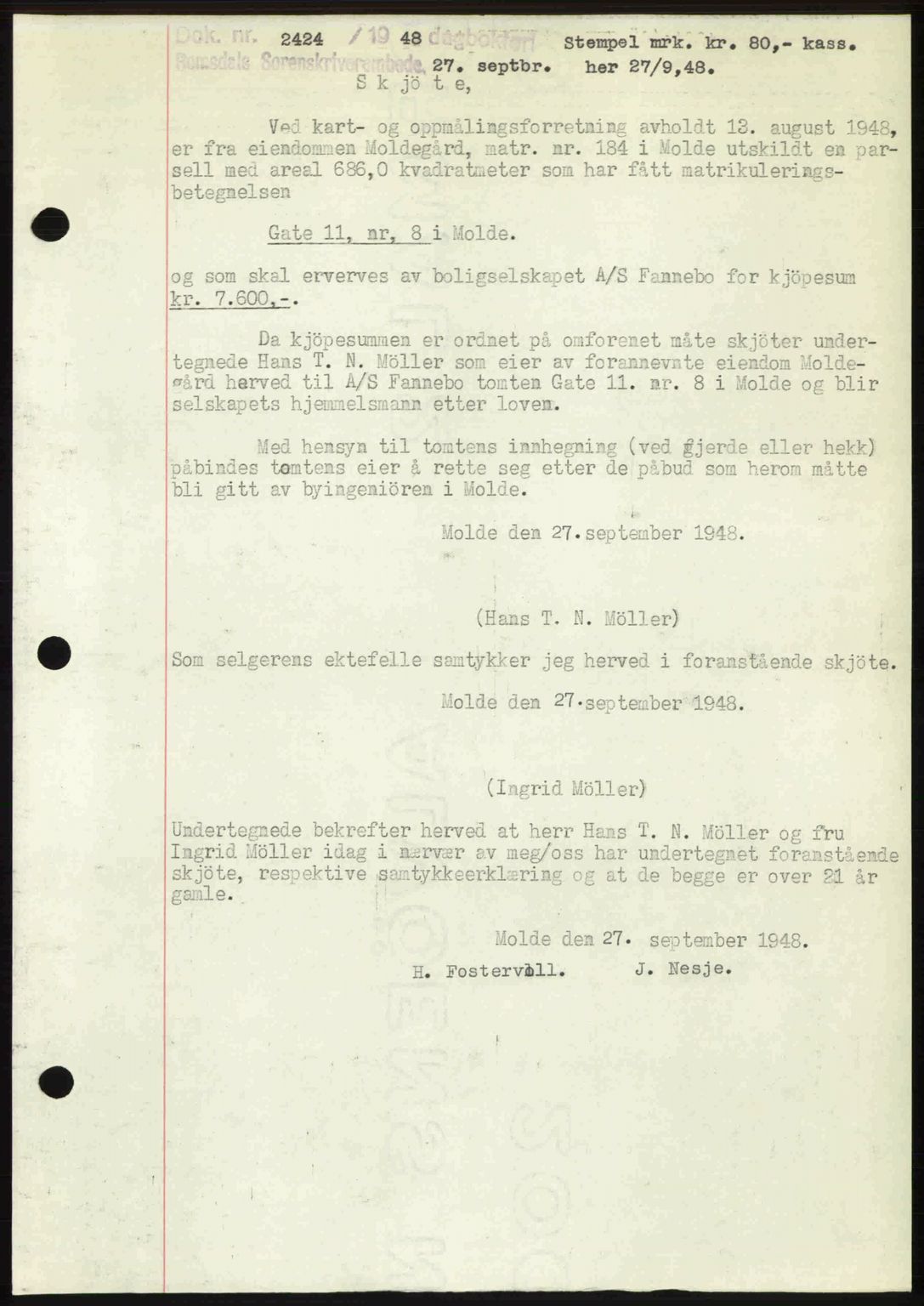 Romsdal sorenskriveri, AV/SAT-A-4149/1/2/2C: Mortgage book no. A27, 1948-1948, Diary no: : 2424/1948