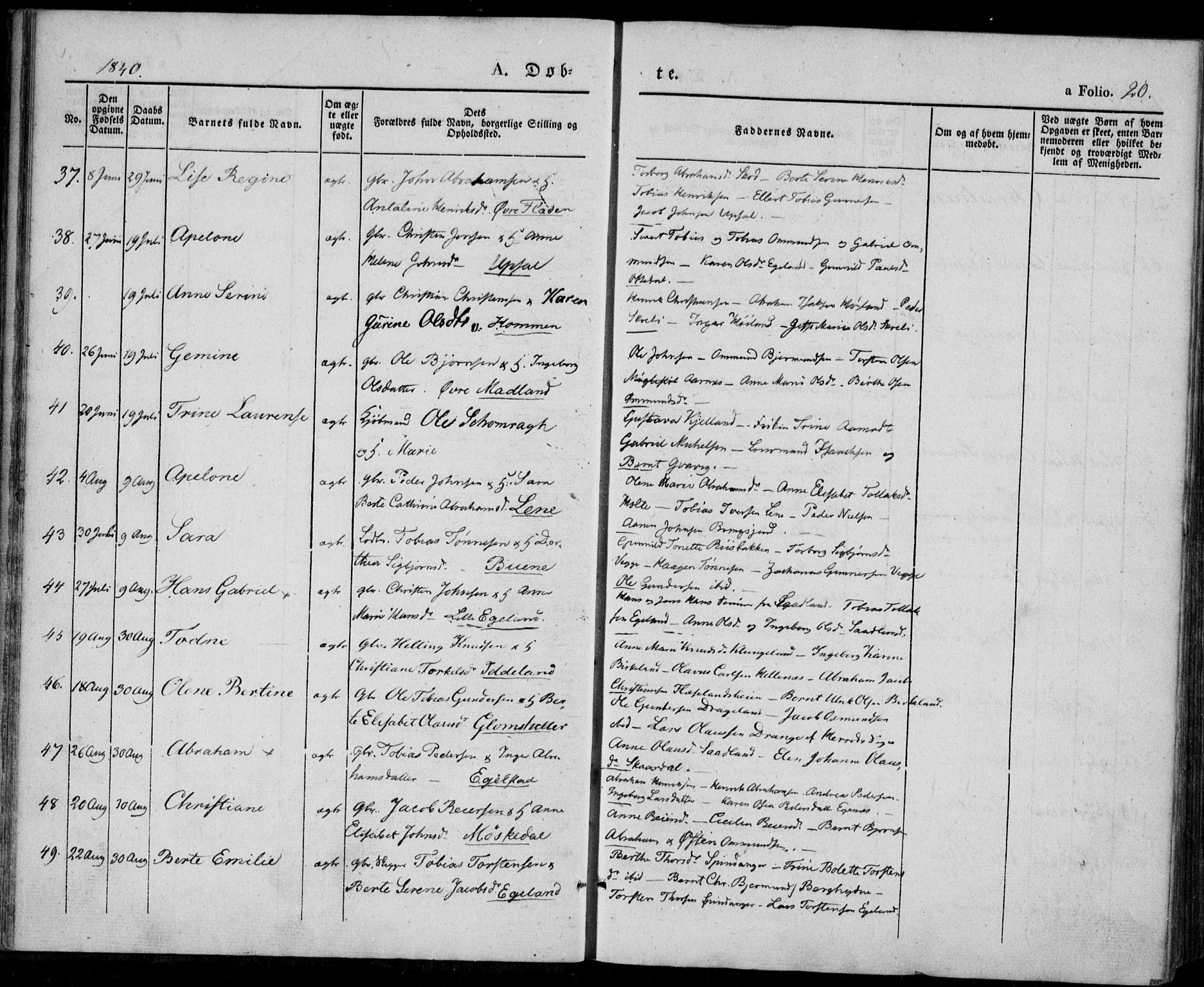 Lyngdal sokneprestkontor, SAK/1111-0029/F/Fa/Fac/L0008: Parish register (official) no. A 8, 1837-1852, p. 20