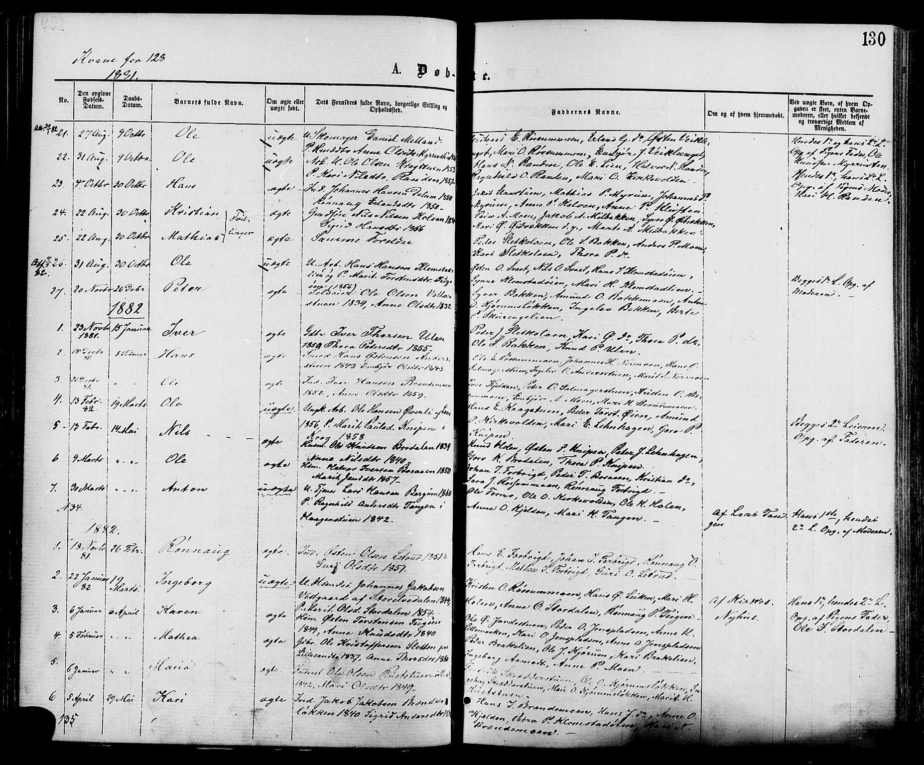 Nord-Fron prestekontor, AV/SAH-PREST-080/H/Ha/Haa/L0002: Parish register (official) no. 2, 1865-1883, p. 130