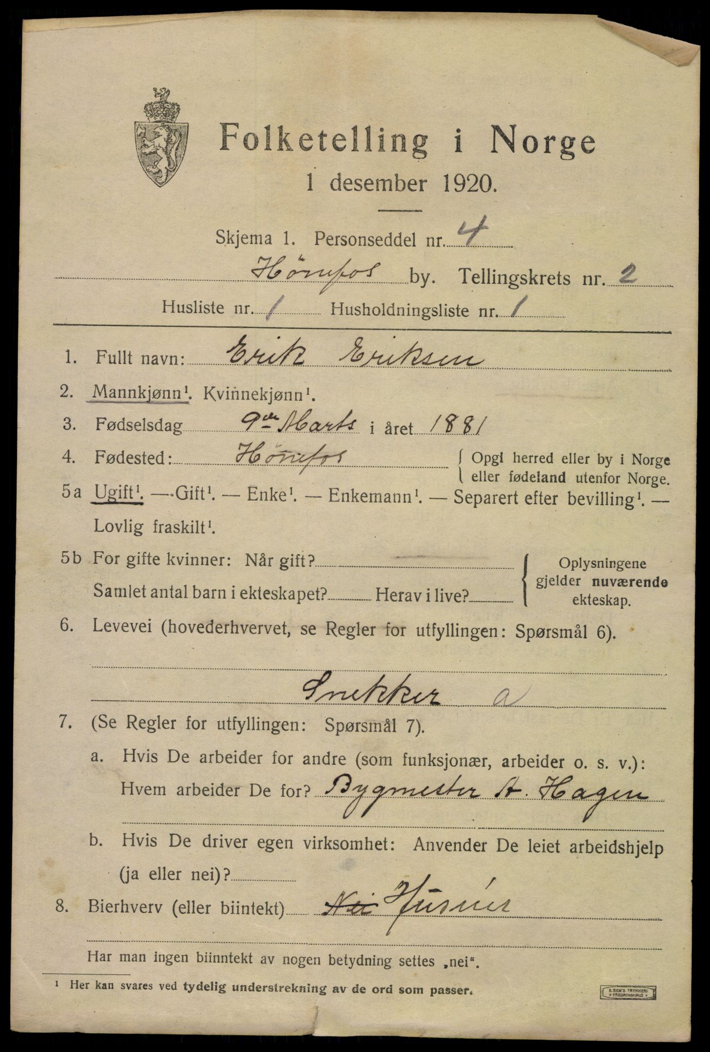 SAKO, 1920 census for Hønefoss, 1920, p. 3848