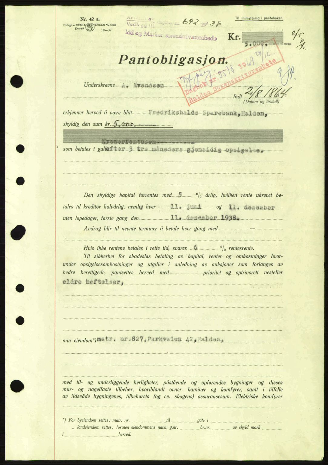 Idd og Marker sorenskriveri, AV/SAO-A-10283/G/Gb/Gbc/L0001: Mortgage book no. B1-3, 1936-1939, Diary no: : 692/1938