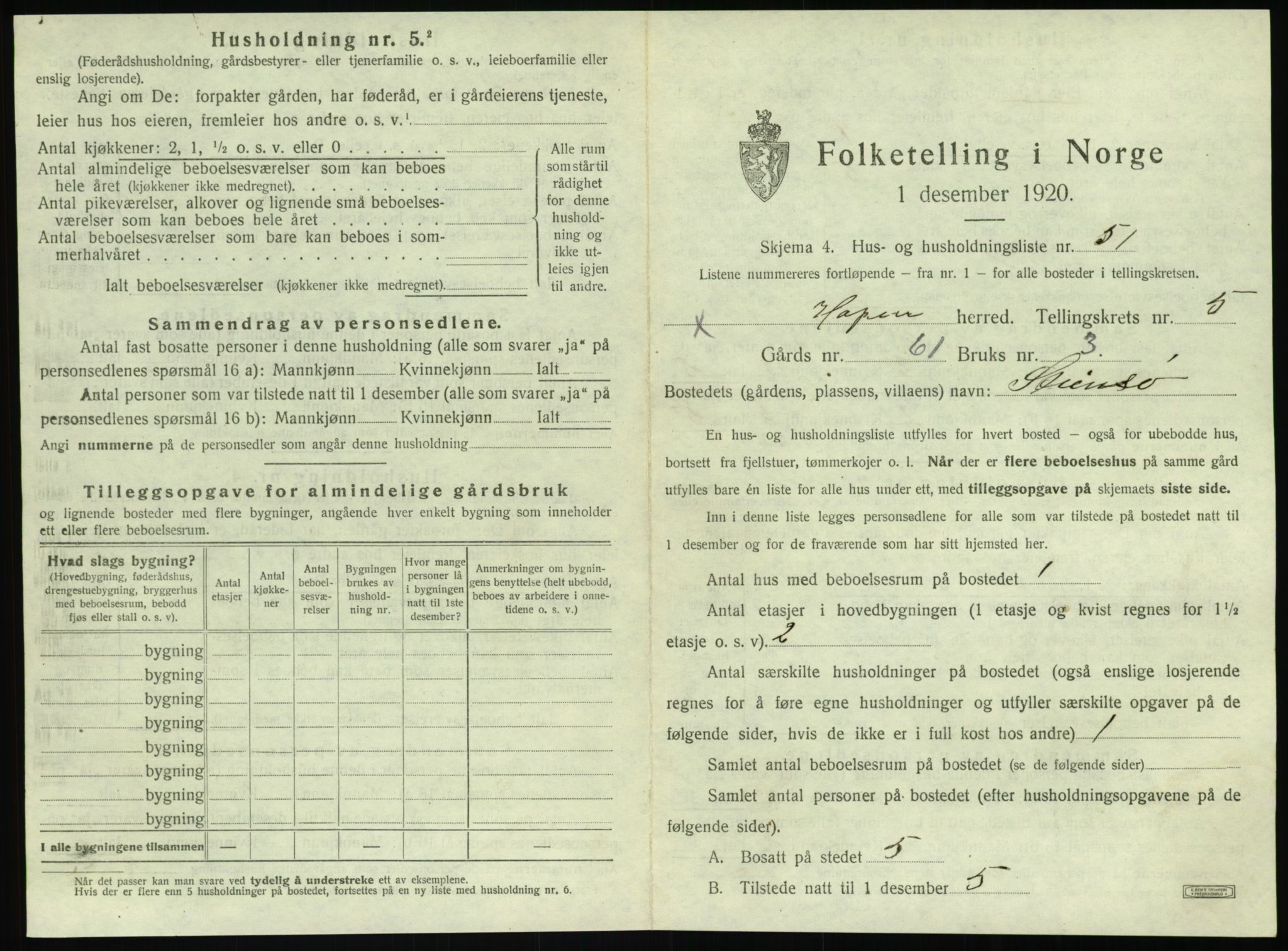 SAT, 1920 census for Hopen, 1920, p. 456