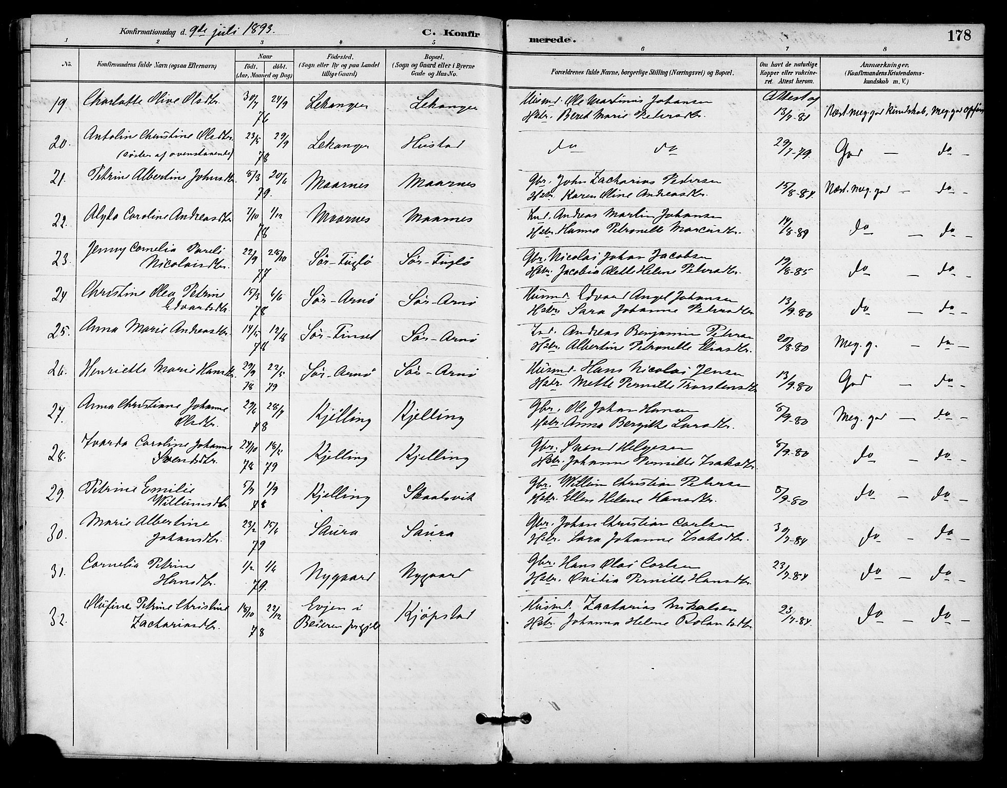 Ministerialprotokoller, klokkerbøker og fødselsregistre - Nordland, AV/SAT-A-1459/805/L0101: Parish register (official) no. 805A07, 1892-1899, p. 178