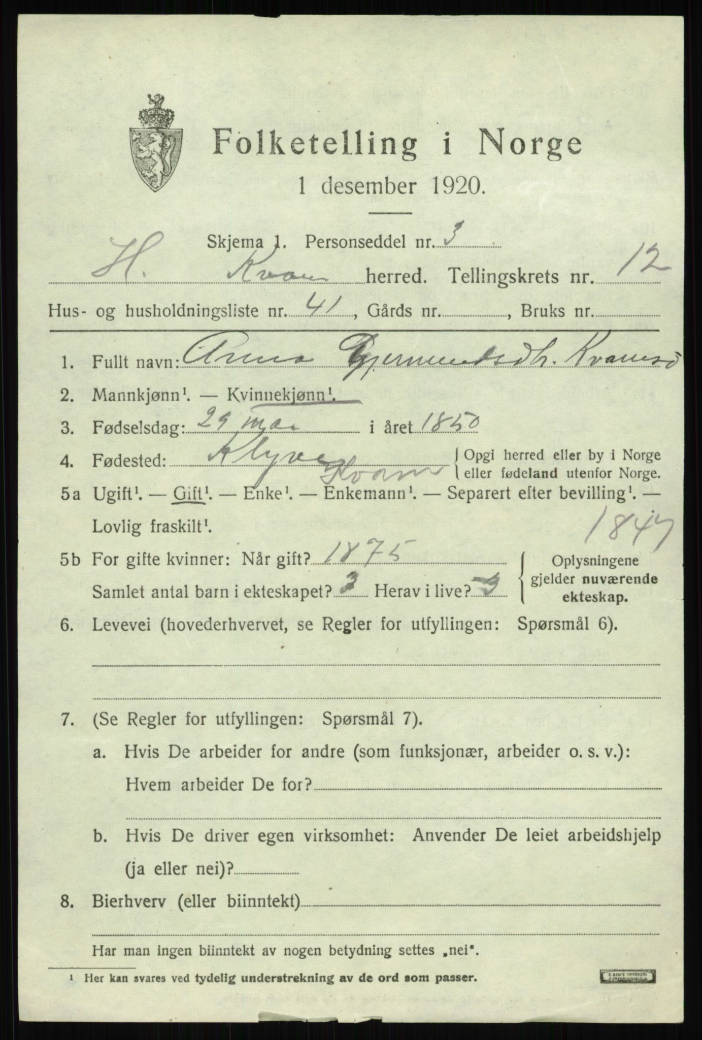 SAB, 1920 census for Kvam, 1920, p. 7969