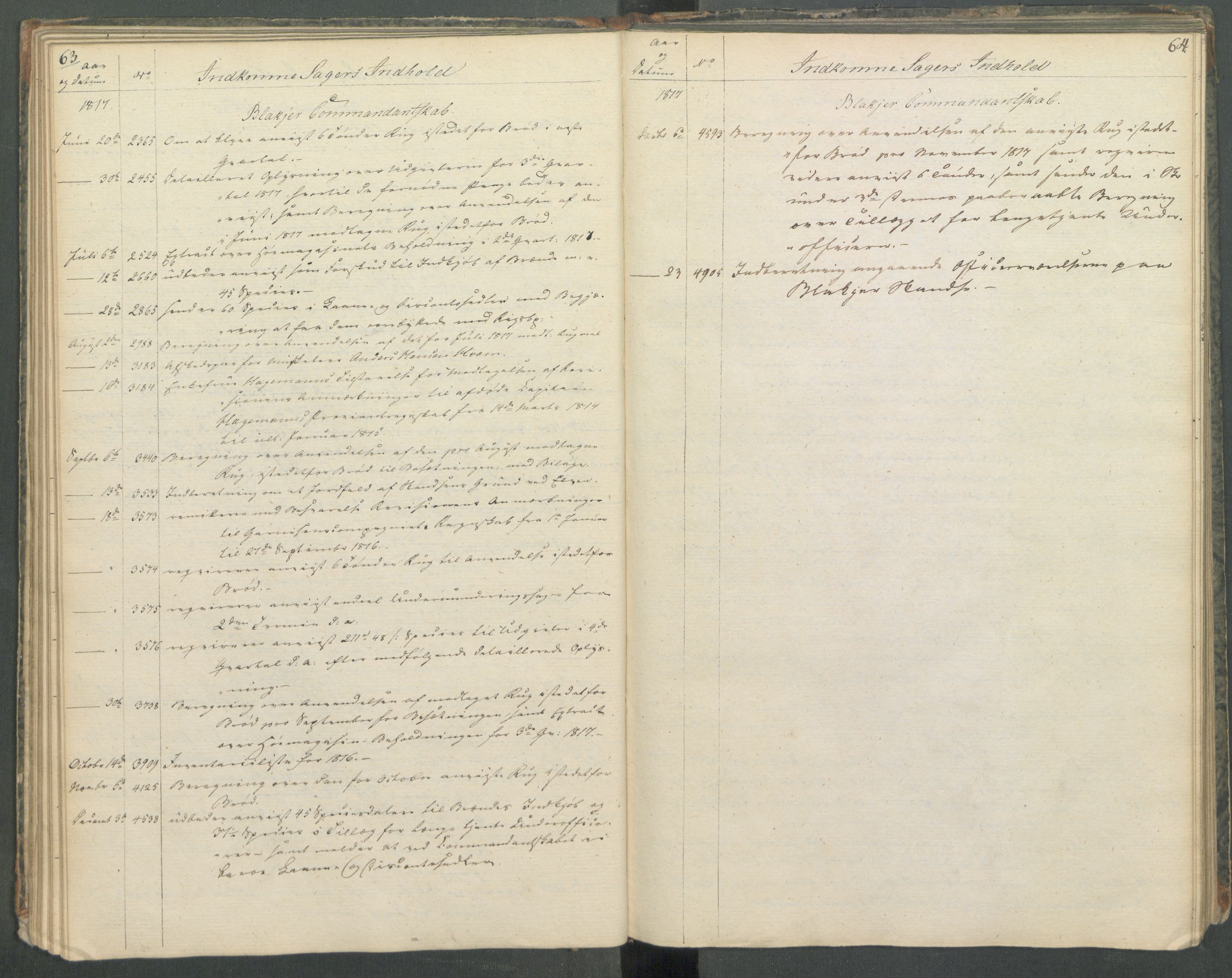 Armédepartementet, AV/RA-RAFA-3493/C/Ca/L0013: 6. Departements register over innkomne saker, 1817, p. 63-64