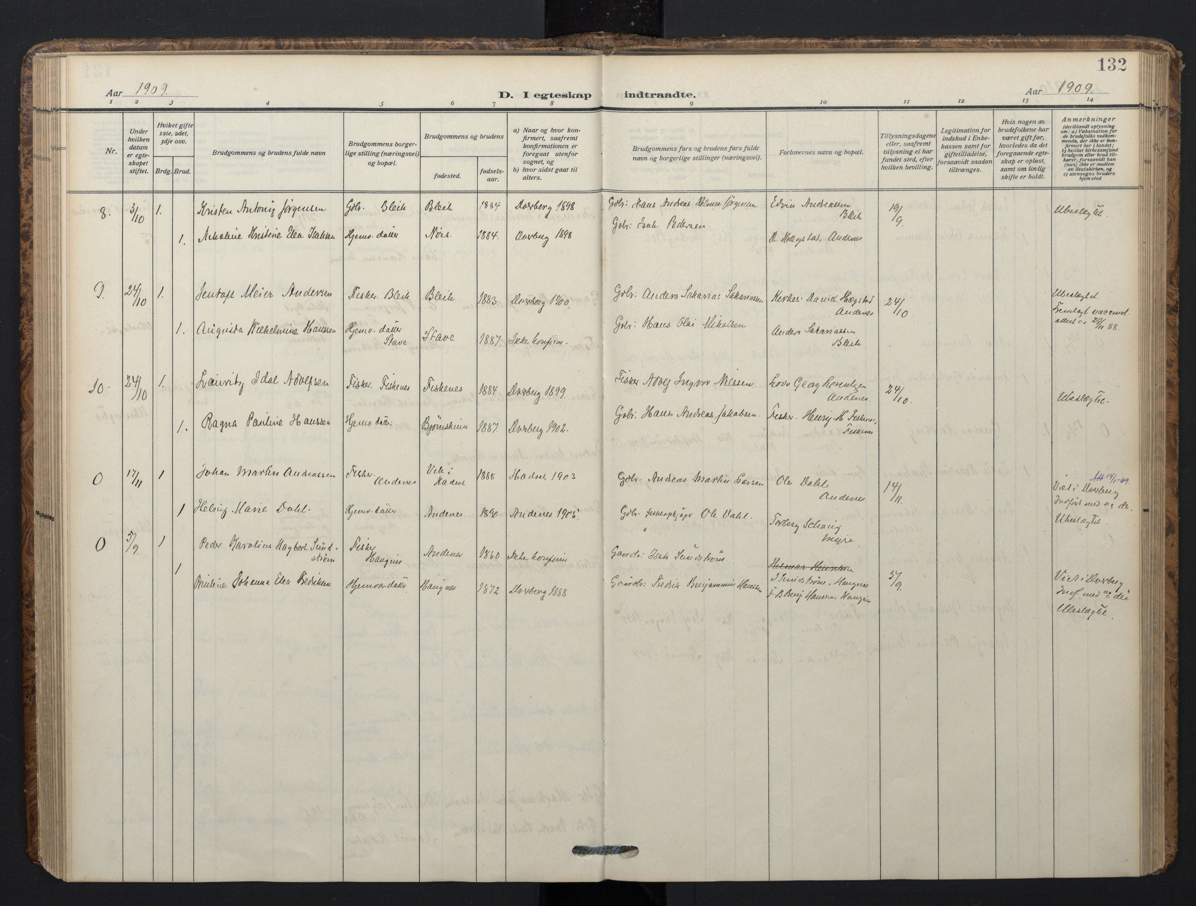 Ministerialprotokoller, klokkerbøker og fødselsregistre - Nordland, SAT/A-1459/899/L1438: Parish register (official) no. 899A06, 1909-1922, p. 132